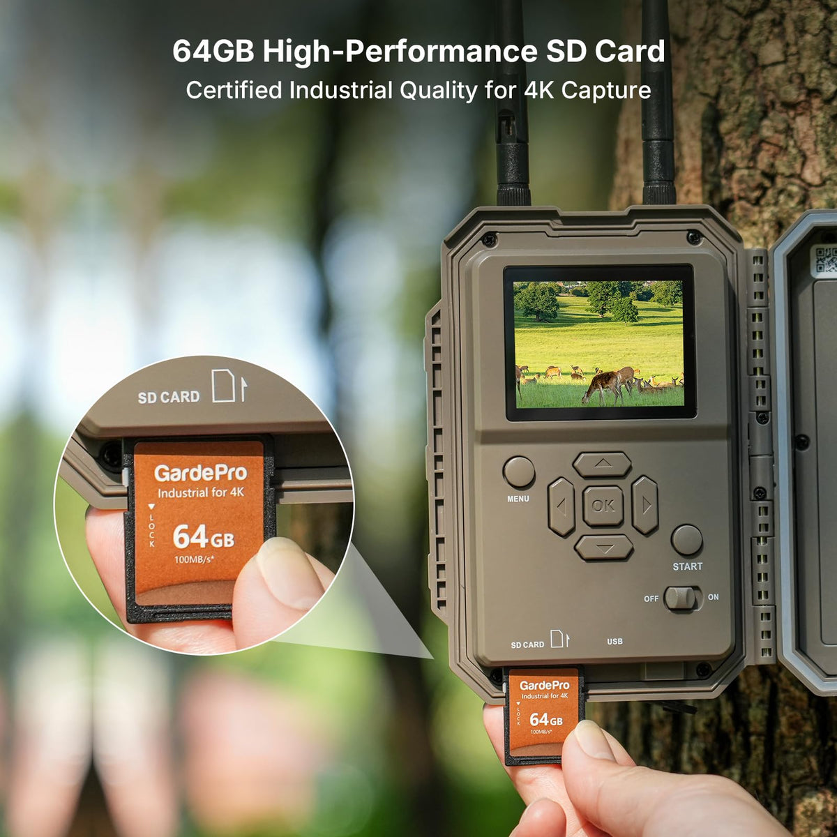 GardePro E8 2.0 WiFi Trail Camera (Non-Cellular) with 5200mAh Battery Solar Panel, 4K Video & 64MP Photo, 64GB SD Card, Dual Antennas, Stable Connection, On-Site App Viewing, Motion Activiated