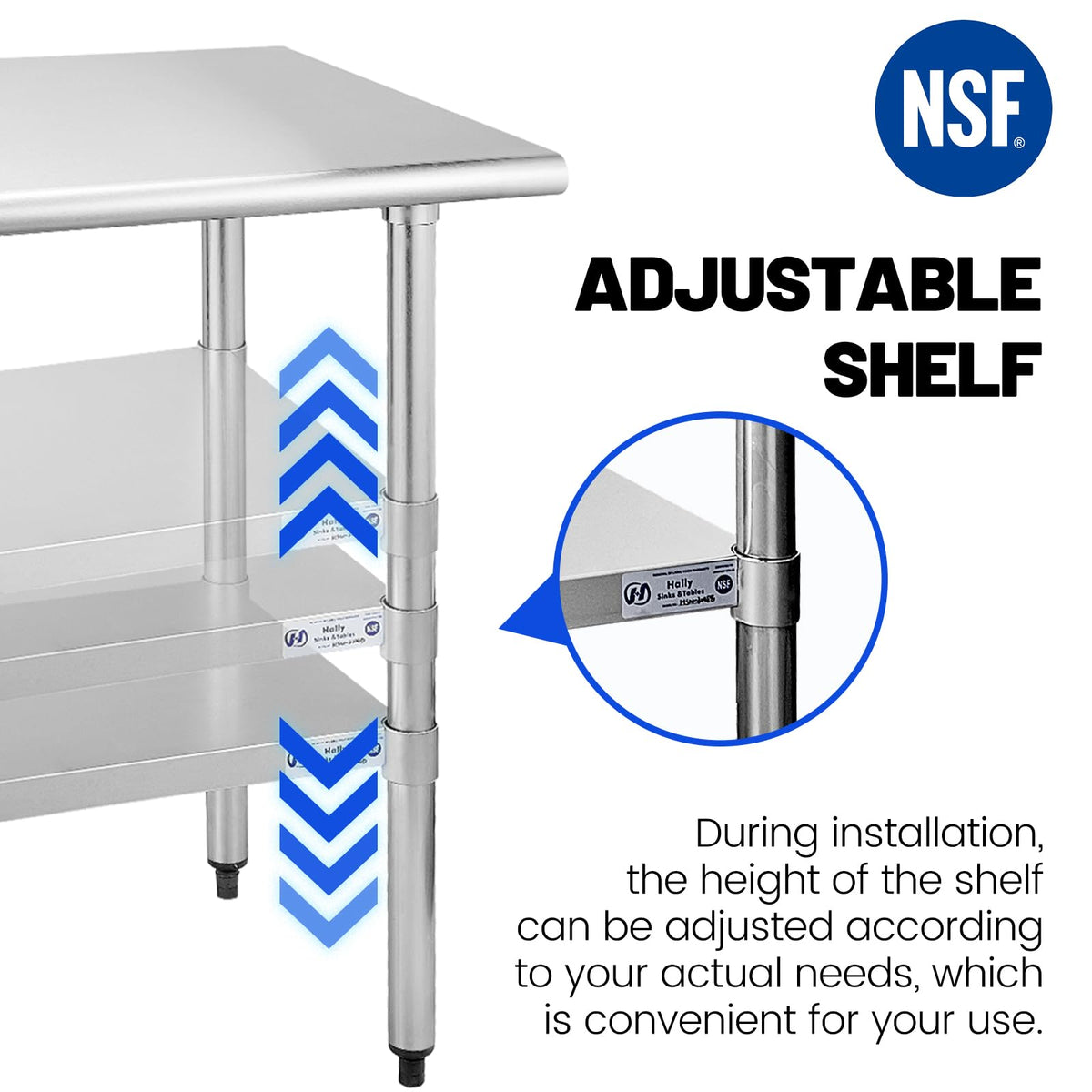 Hally Stainless Steel Table for Prep & Work 30 x 60 Inches, NSF Commercial Heavy Duty Table with Undershelf and Galvanized Legs for Restaurant, Home and Hotel