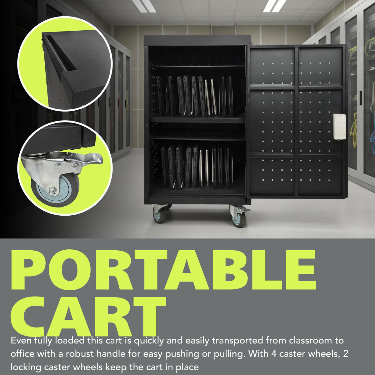 Pearington 20 Device Mobile Charging and Storage Cart for iPads, Chromebooks and Laptop Computers, Up To 17-Inch Screen Size, Surge Protection, Front & Back Access Locking Cabinet, Black