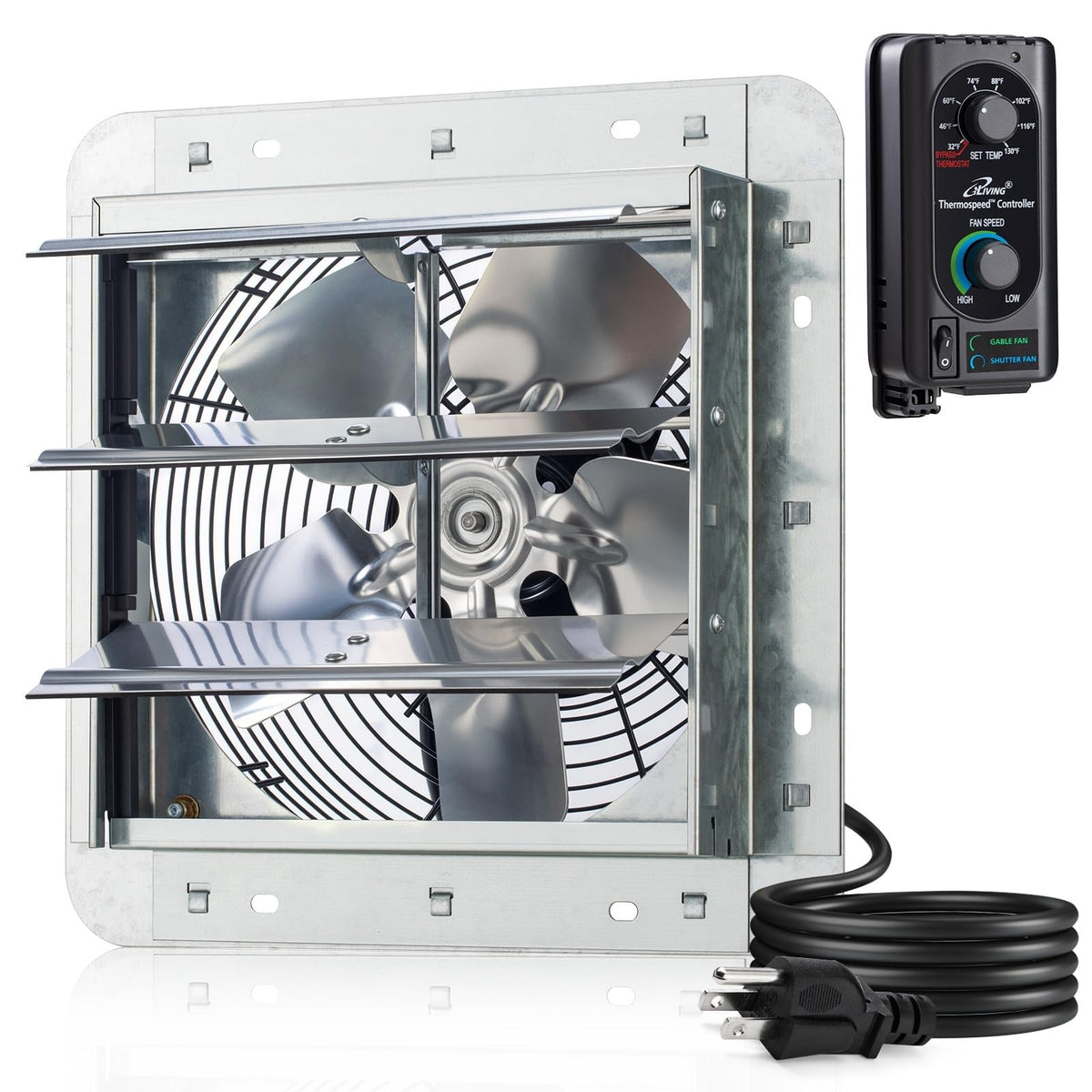 iLiving 10" Wall Mounted Shutter Exhaust Fan, Automatic Shutter, with Thermostat and Variable Speed controller, 65W, 820 CFM, 1200 SQF Coverage Area Silver (ILG8SF10V-ST)