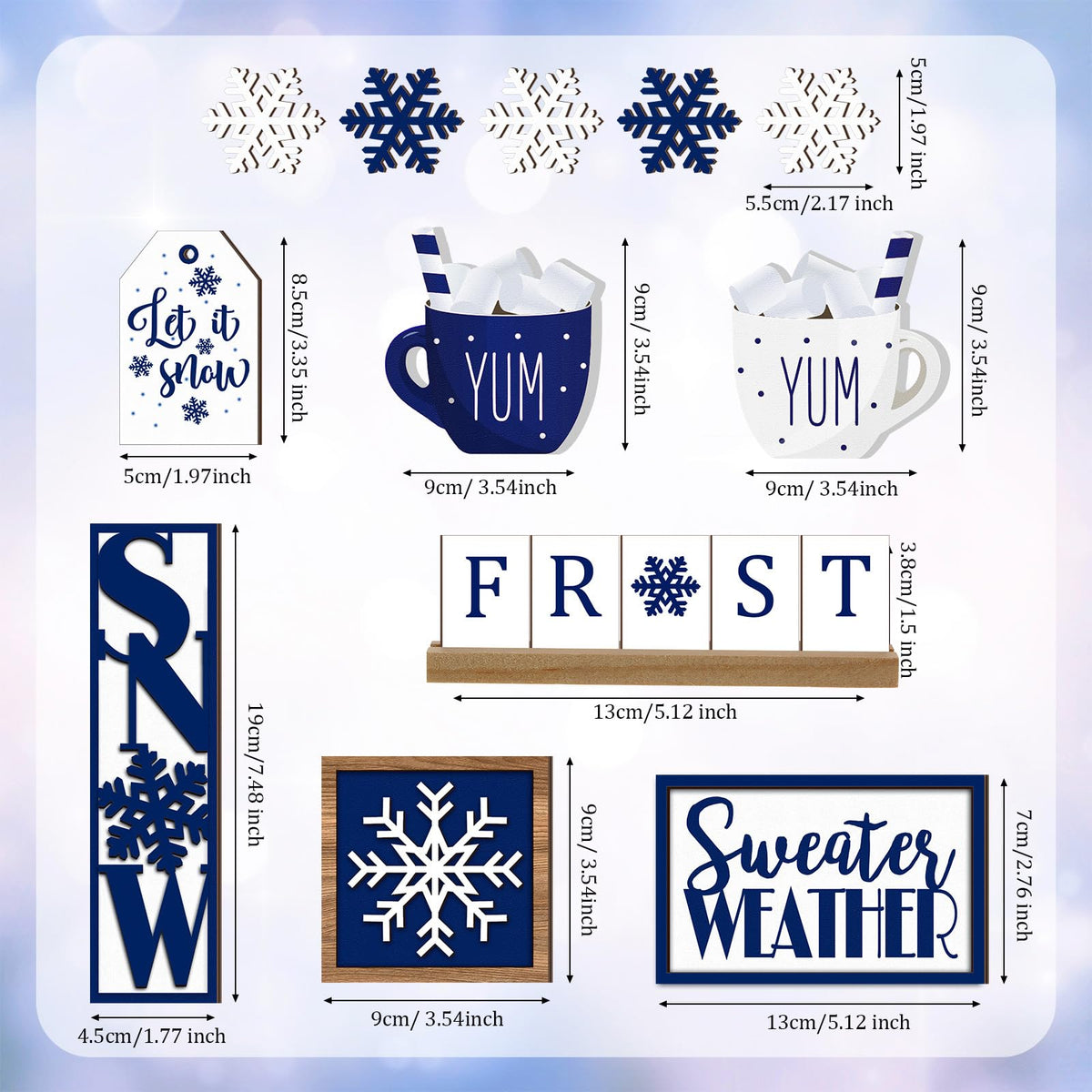 Jetec 12 Pieces Winter Tiered Tray Decor Set Snowflake Wooden Sign Let It Snow Table Decorations Farmhouse Coffee Bar Signs Tray Decor for Home Kitchen Tabletop(Blue)