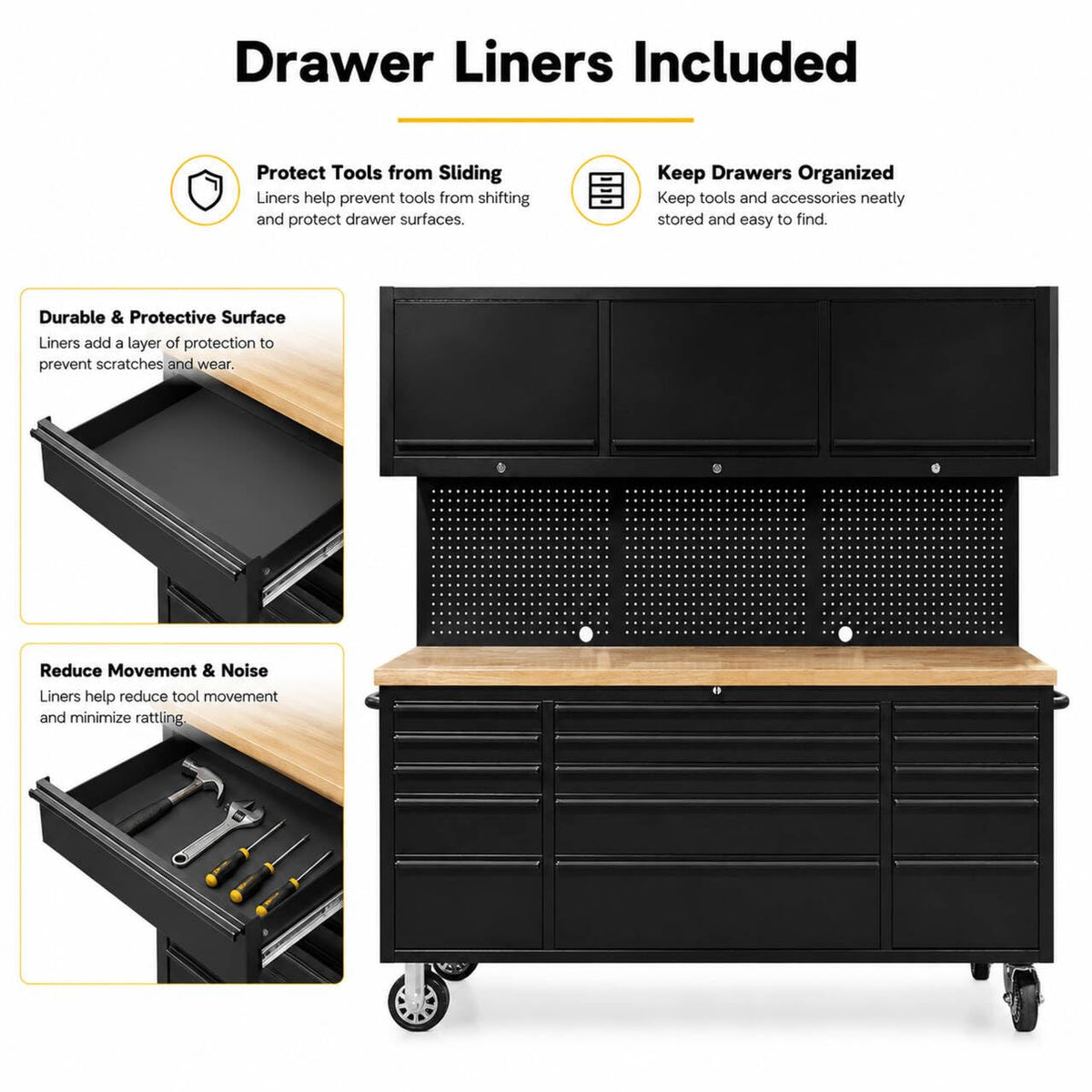 CHETTO C 72 inch Tool Chest Tool Box Mobile 15 Drawers Storage 3 Upper Cabinets SS-Pegboard Rolling Cabinet with Wheels Lock Key Locking System Drawer Liners for Garage Warehouse Repair Shop Black