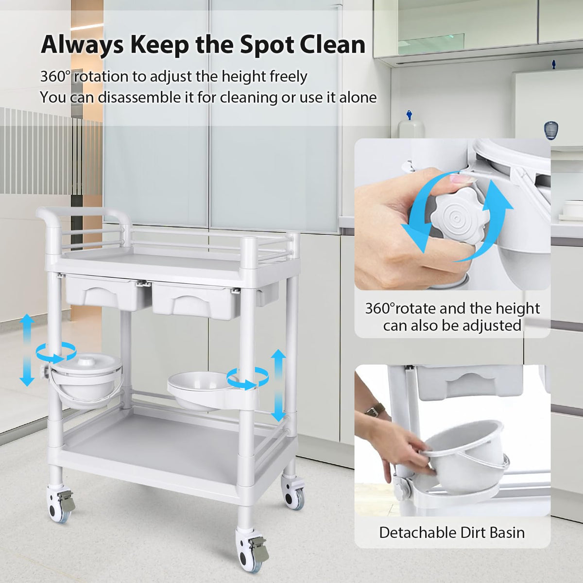 Medical Mobile Trolley Cart 2-Shelf 220 LBS Max Load Rolling Utility Cart Heavy Duty Beauty Salon Storage Cart with Drawers Dirt Buckets Rotate Wheels 2 Brake for Hospital Dental Clinic Home
