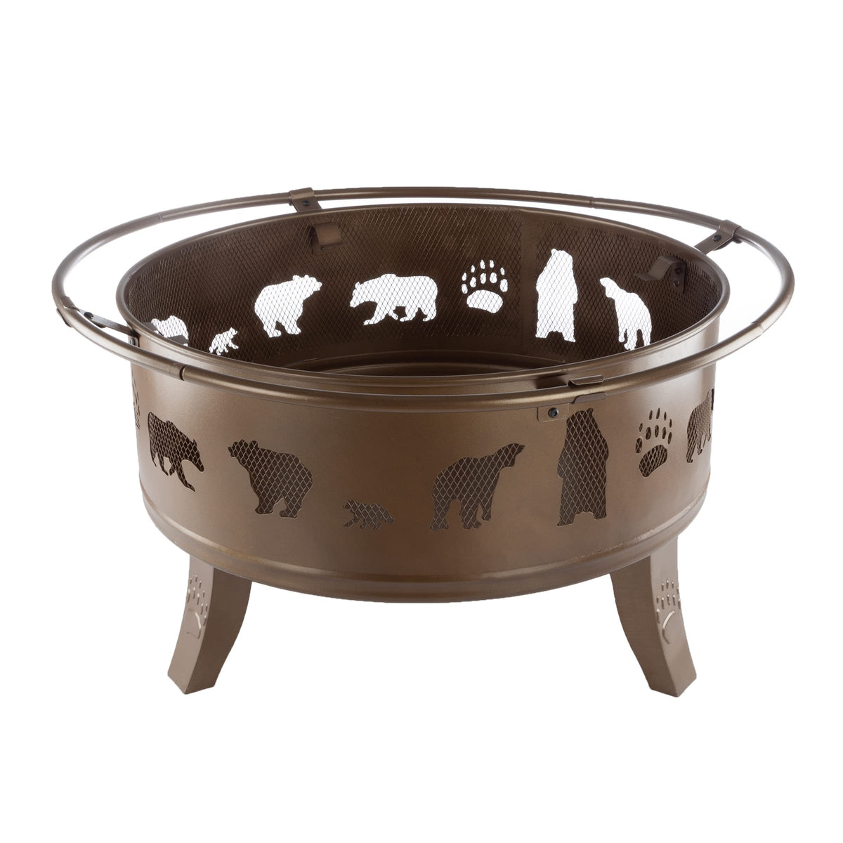 Pure Garden 50-LG1202 32” Outdoor Deep Fire Pit-Round Large Steel Bowl with Bear Cutouts, Mesh Spark Screen, Log Poker & Storage Cover-Patio Wood Burning, Antique Gold