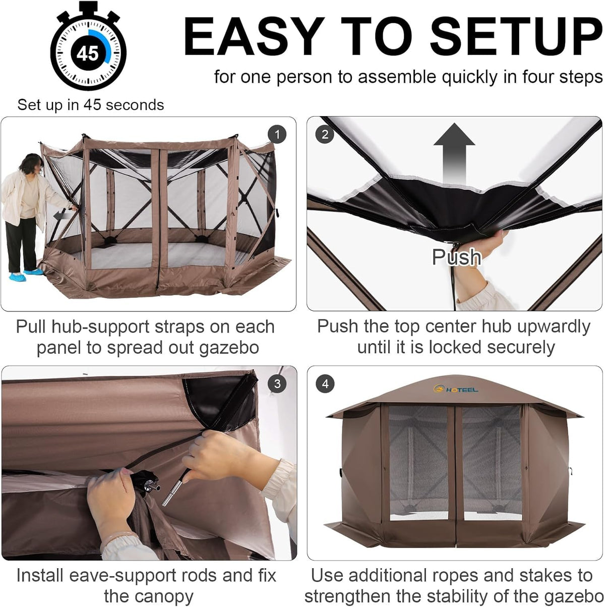 COBIZI 12x12FT Pop Up Gazebo Screen Tent Screen House for Camping, Screen Room with Mosquito Netting, Hub Tent Instant Screened Canopy with Carrying Bag and Ground Stakes, Brown