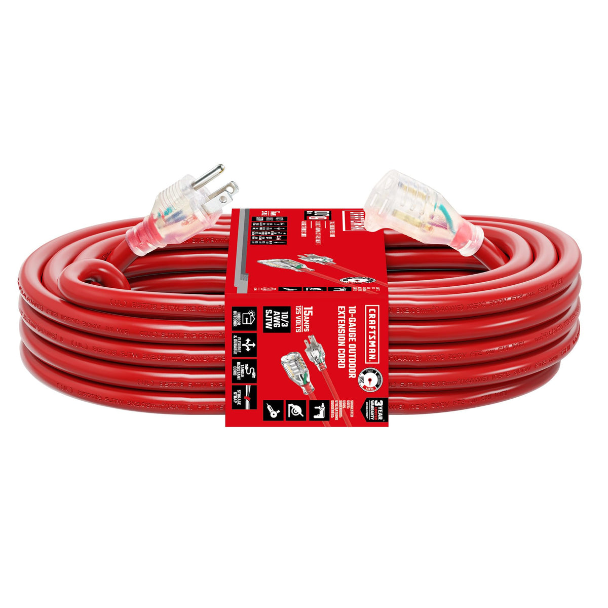 CRAFTSMAN 100 Ft. Heavy-Duty Industrial Extension Cord, 10/3 SJTW Indoor/Outdoor Waterproof Power Cable with Lighted 3-Prong Plug, Storage Strap & Flexible Jacket, 15A/1875W/125V