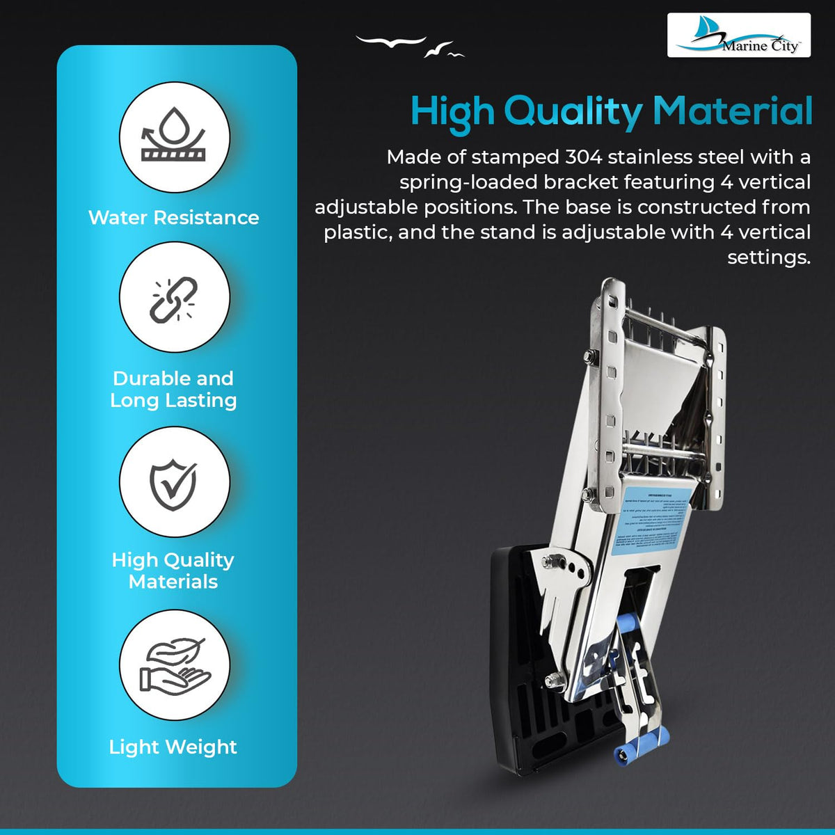 MARINE CITY Aluminum Outboard Motor Bracket, 2-Stroke, Retractable, Spring-Loaded, Up to 115 lbs, Adjustable Mount, Plastic Base, for Powerboats and Yachts (20 HP)