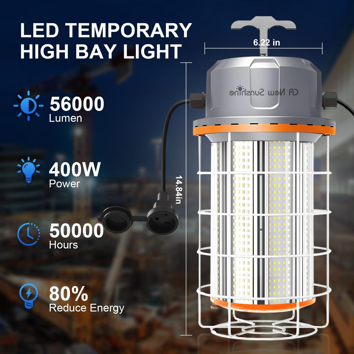 400W LED Temporary Work Light，56000Lumens 5000K Daylight White ON/Off Switch & Hook, IP65 Dust & Waterproof,Portable Hanging Construction Site Light for Jobsite, Warehouse, Workshop, Outdoor Projects
