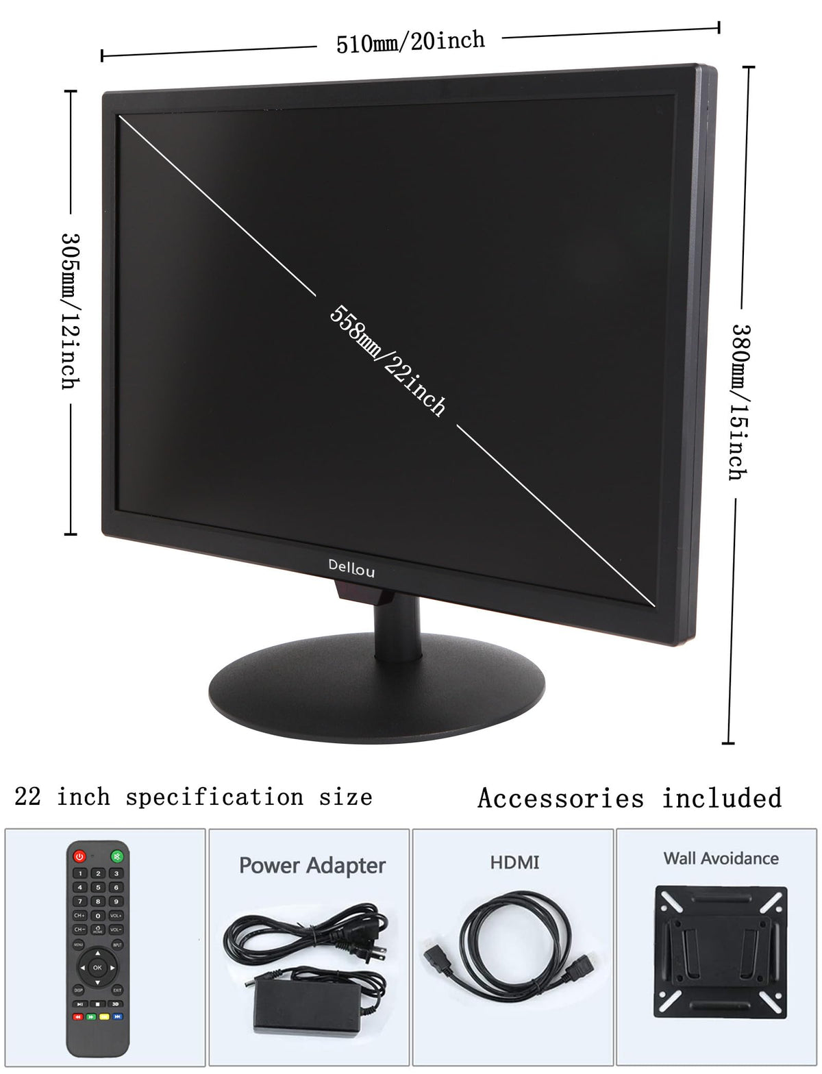 Elweyoo 22 inch Monitoring LCD Display Security Camera Monitor Multifunction Interface HDMI, AV, BNC, VGA, USB, PC Input CCTV Computer Monitor Built-in Speaker 1920x1080 Full HD, Black