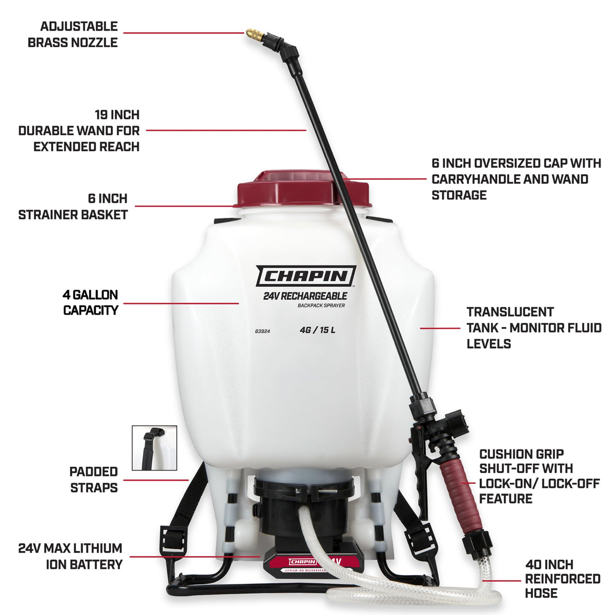 Chapin 63924 4-Gallon 24V Extended Spray Battery Backpack Sprayer, with Adjustable Brass Nozzle, 1-Pack, Translucent White