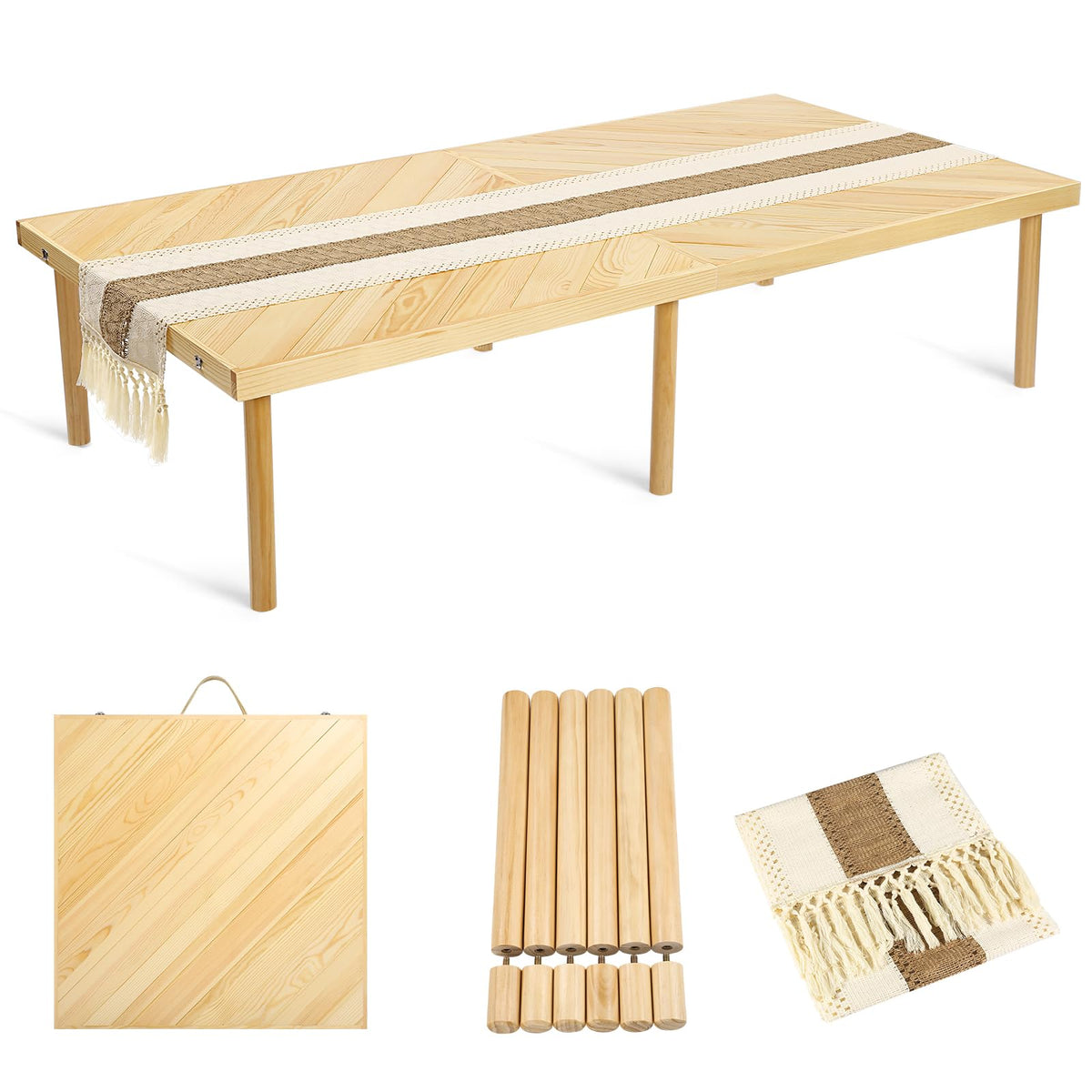 Folding Picnic Table with Table Runner, Portable Boho Low Picnic Table for Indoor Outdoor, 60" x 30" Wooden Table with Adjustable Heights for Camping, Wedding, Beach, Garden, Party(Large Size for 6)