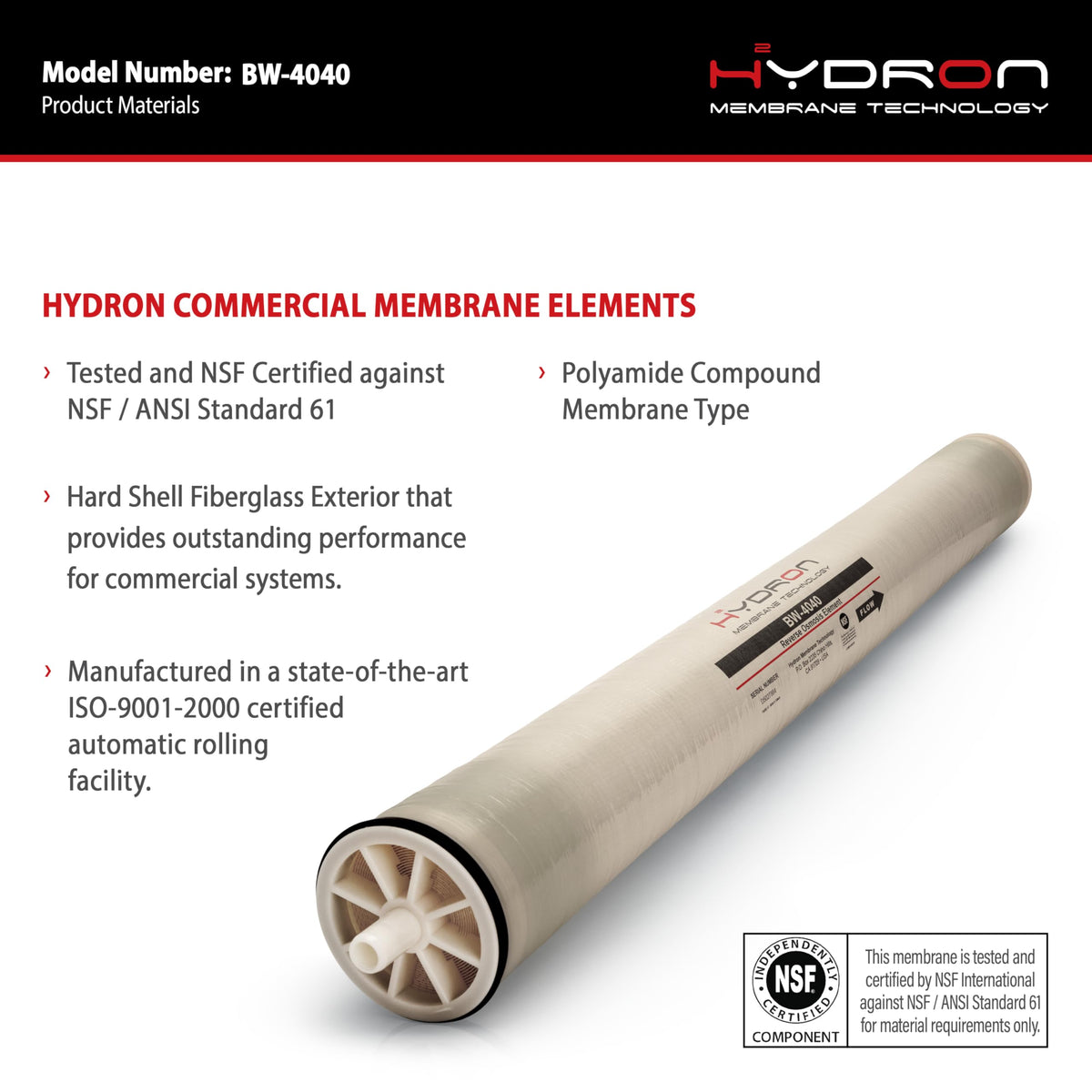Hydron BW-4040 Reverse Osmosis Membrane – 4" x 40", 2400 GPD | High Performance for Commercial, Industrial, Agricultural, Whole House | Compatible with AG4040FF, AG4040TF, TW30-4040, RE4040-BE
