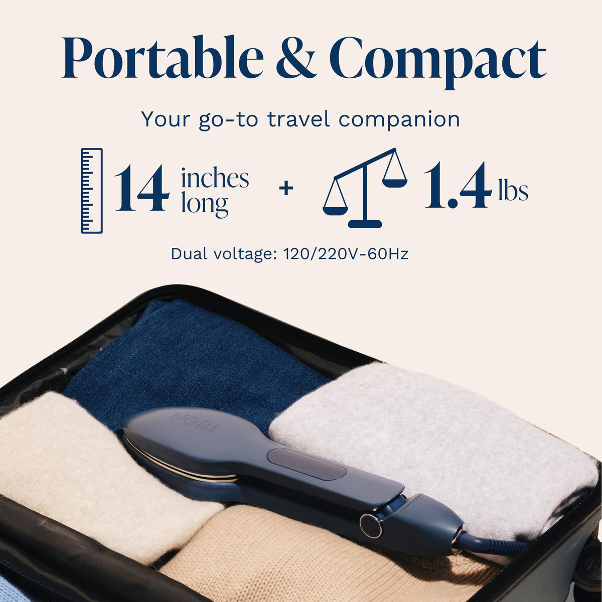 Nori Press Travel Steam Iron - Handheld Iron With Optional Steam Feature - No Ironing Board Required - Easy to Use w/ 6 Fabric Settings - Removes Wrinkles - User Manual Included - Navy