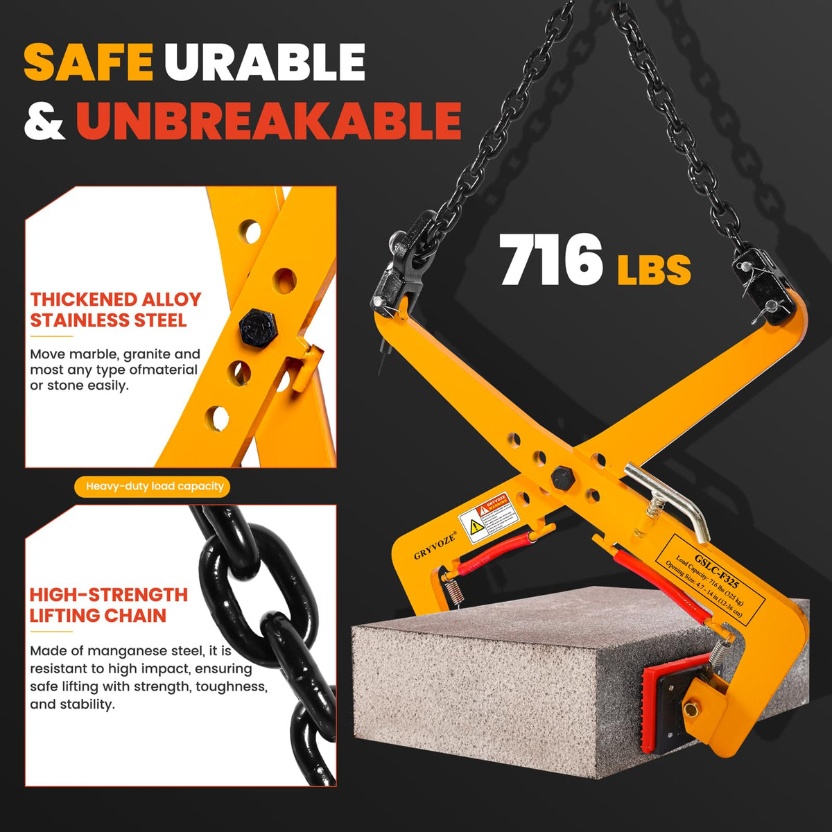 GRYVOZE 716 lbs Granite Slab Lifting Clamp, Adjustable Range: 4.7"-14", Heavy Duty Stone Scissor Lifter Clamp for Carrying and Vertical Transport of Marble, Concrete Blocks, Slate Sheets, Curb Stones