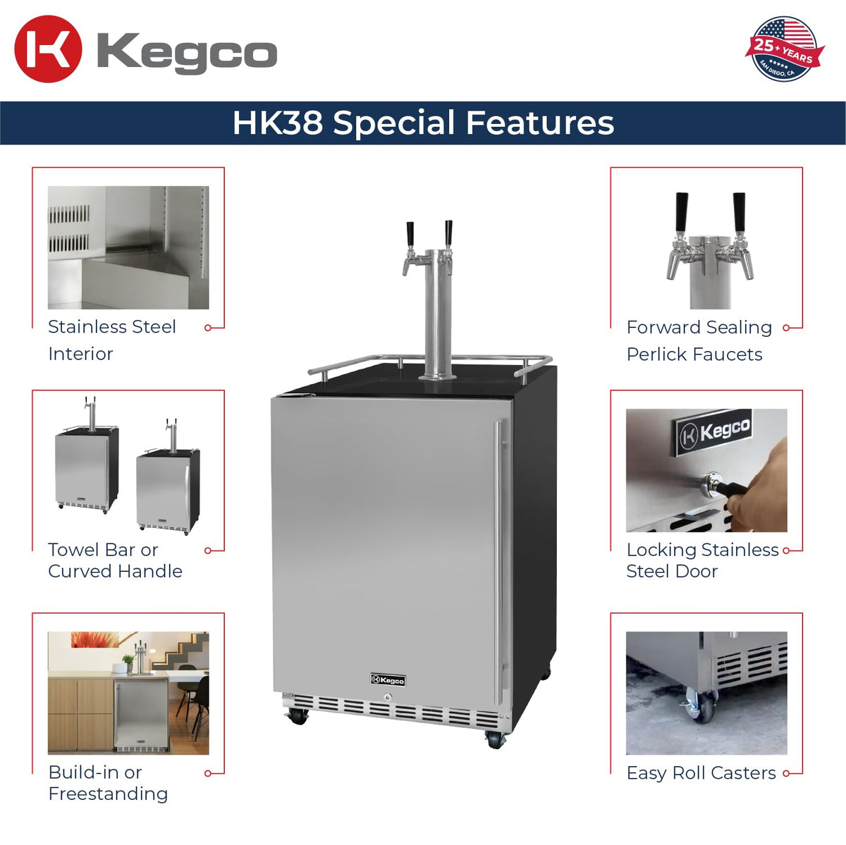 Kegco Kegerator 24" Wide Dual Tap Black/Stainless Steel Commercial Beer Dispenser HK38BSC-L-2