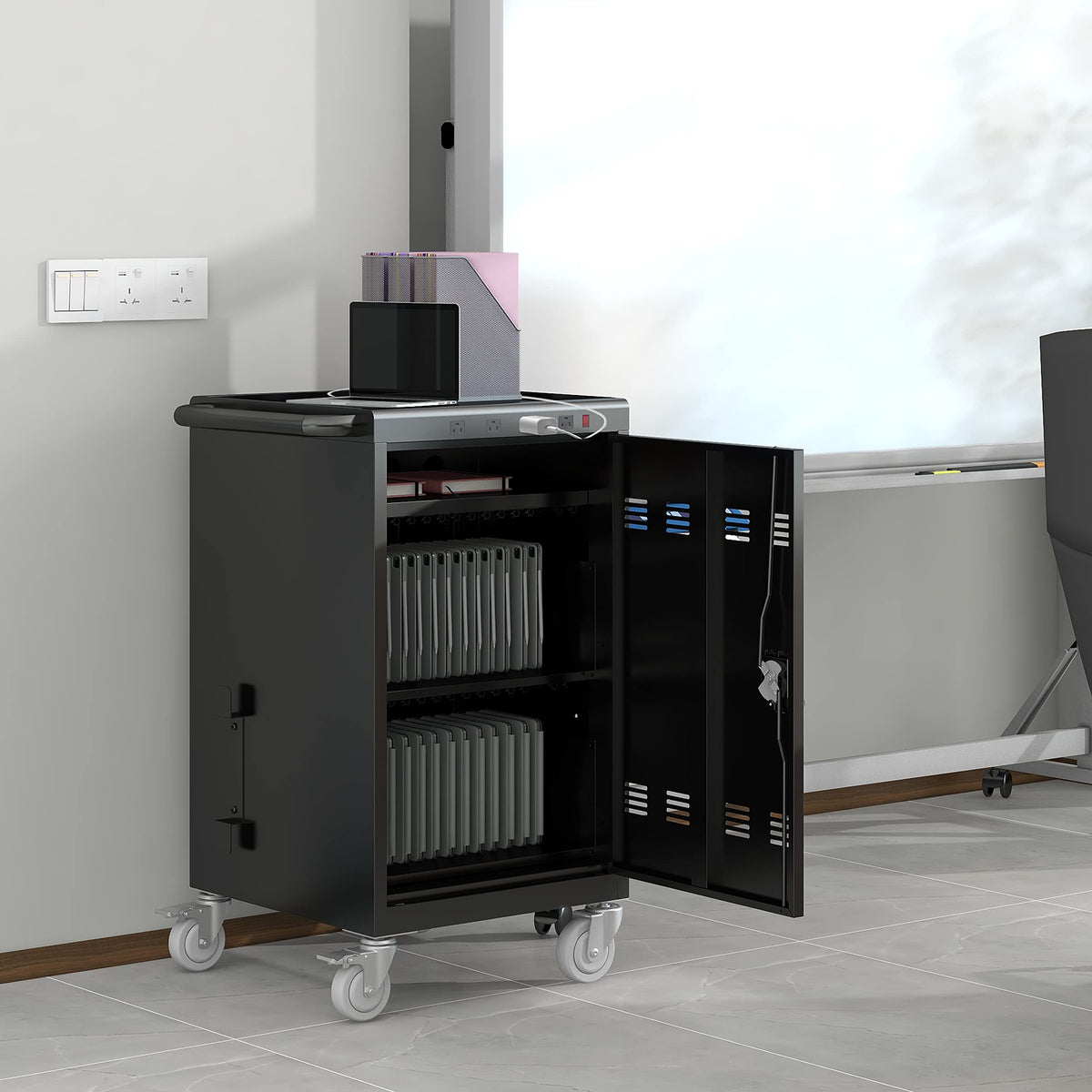MQIAE Laptop Cart,Mobile Charging Carts for Tablets Laptops with Extra 4 Bits Power Strip, Portable Table Top Charging and Storage Cabinet for Classroom or Office