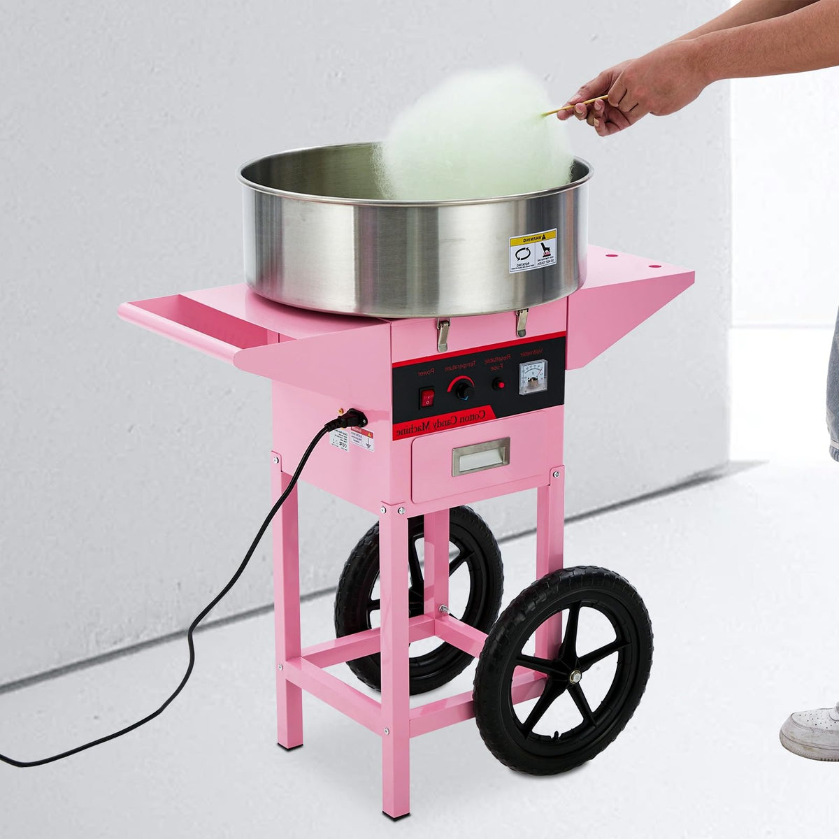 GarveeTech Commercial Cotton Candy Machine with Cart - Pink Cotton Candy Machine With Stainless Steel Bowl, Sugar Scoop, Drawer. Ideal for Family Party Fun(Without lid)