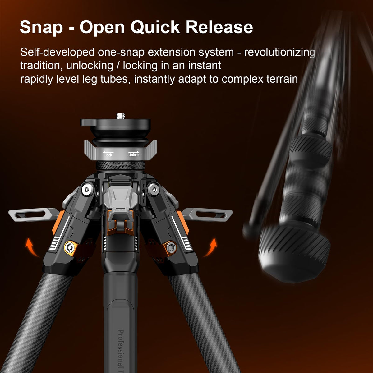 COMAN T1S Snap Open Carbon Fiber Tripod, Professional Tripod for Camera with Ball Bowl Head, 65'' Video Tripod with Quick Release Center Column, Max Load 20kg / 44lb