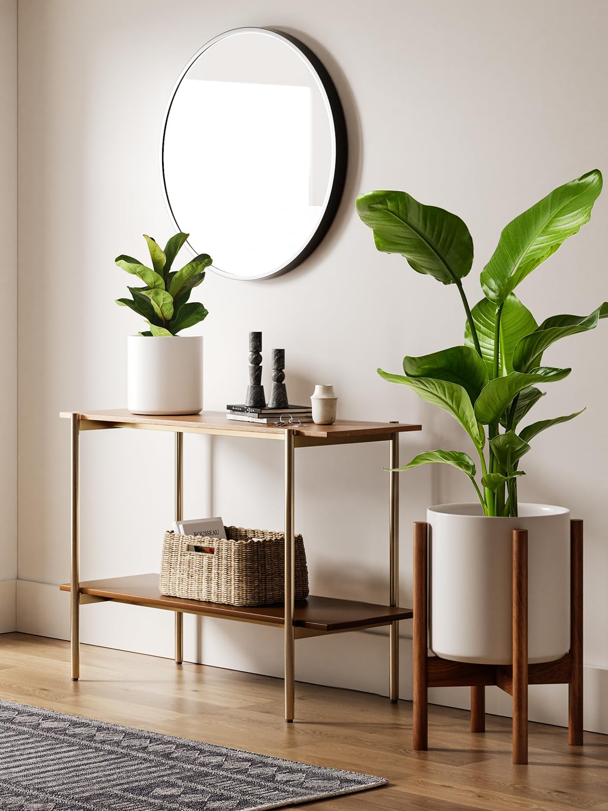 LE TAUCI 12 Inch Planter with Acacia Wood Stand, Large Ceramic Indoor Plant Pot with Drainage Hole & Plug, Mid Century Modern Plant Holder for Fiddle Leaf Fig, Monstera, Snake Plant, White