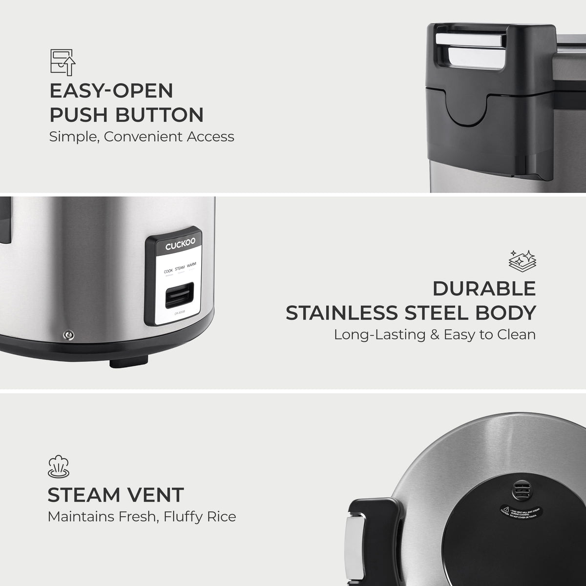 CUCKOO Commercial Rice Cooker & Warmer, Extra Large Rice Cooker 30-Cup Uncooked / 60-Cup Cooked, Professional Industrial Grain Cooker with Large Capacity, Easy One-Touch Operation, Silver (CR-3055)
