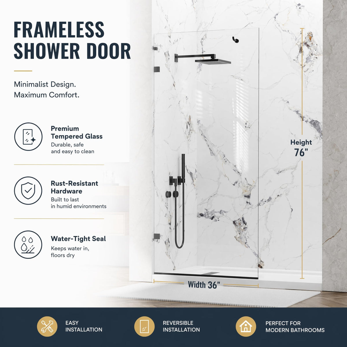 YTTSOYTS Premium Shower Screen 36"×76" Frameless Shower Glass Panel, 3/8'' (10mm) Fixed Glass Shower Panel, Tempered Glass Door Easy Clean Coating, Bathroom Shower Screen with Hook (Matte Black)