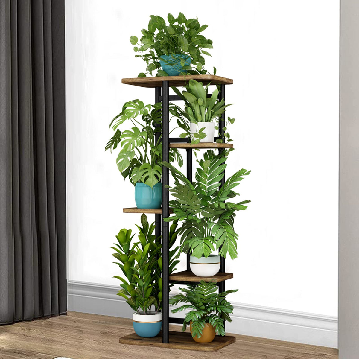 LINZINAR Plant Stand 5 Tier 6 Plant Multiple Flower Rack Holder Shelves Rack Storage Organizer Display Indoor Planter for Balcony Bedroom Patio Garden Living Room, Black