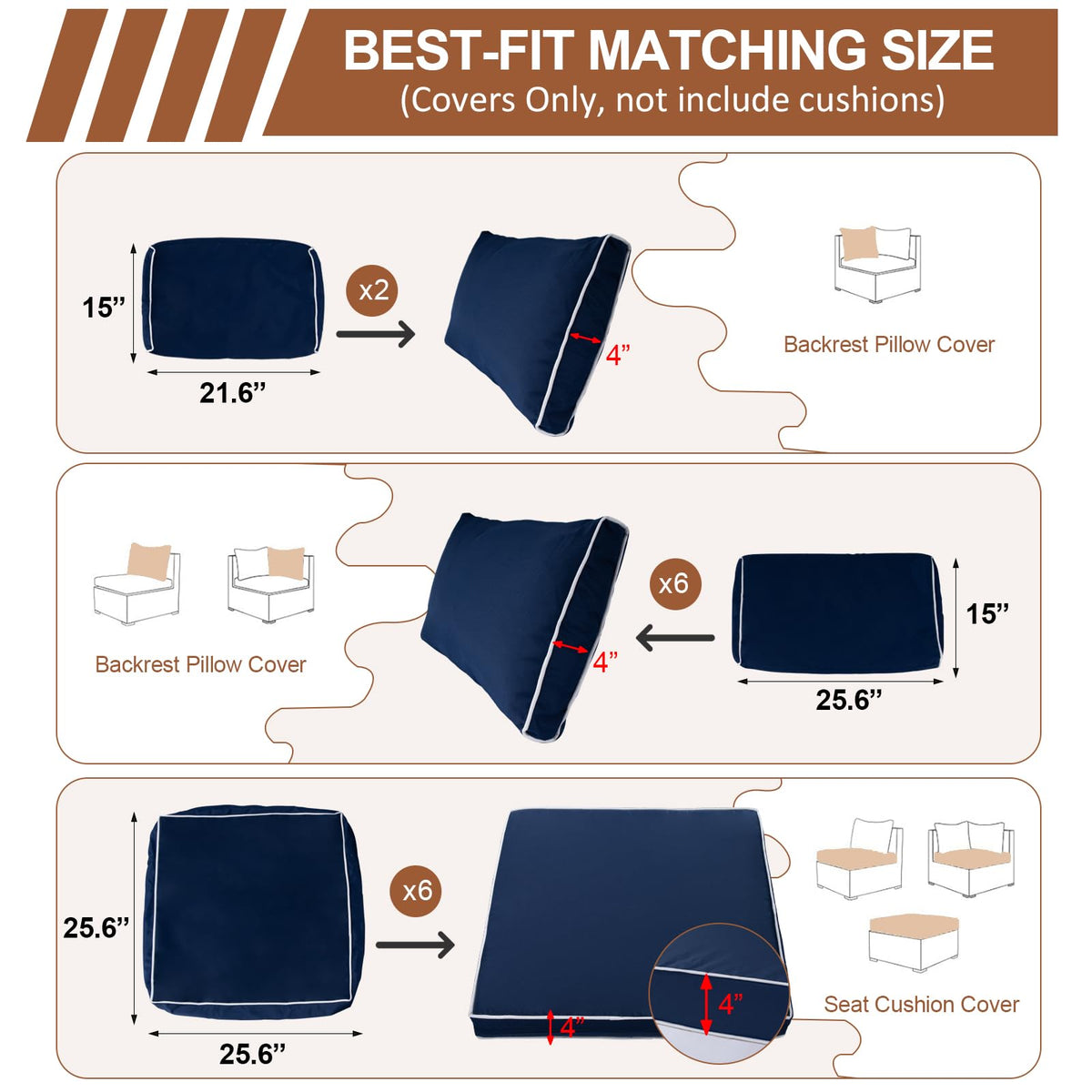 14 Piece Outdoor Patio Cushion Covers Replacement, Waterproof Outdoor Furniture Cushion Covers, Fit 7 Pcs 6 Seater Wicker Rattan Conversation Sofa Set, Navy Blue+White Piping(Only Cover) 25.6x25.6"