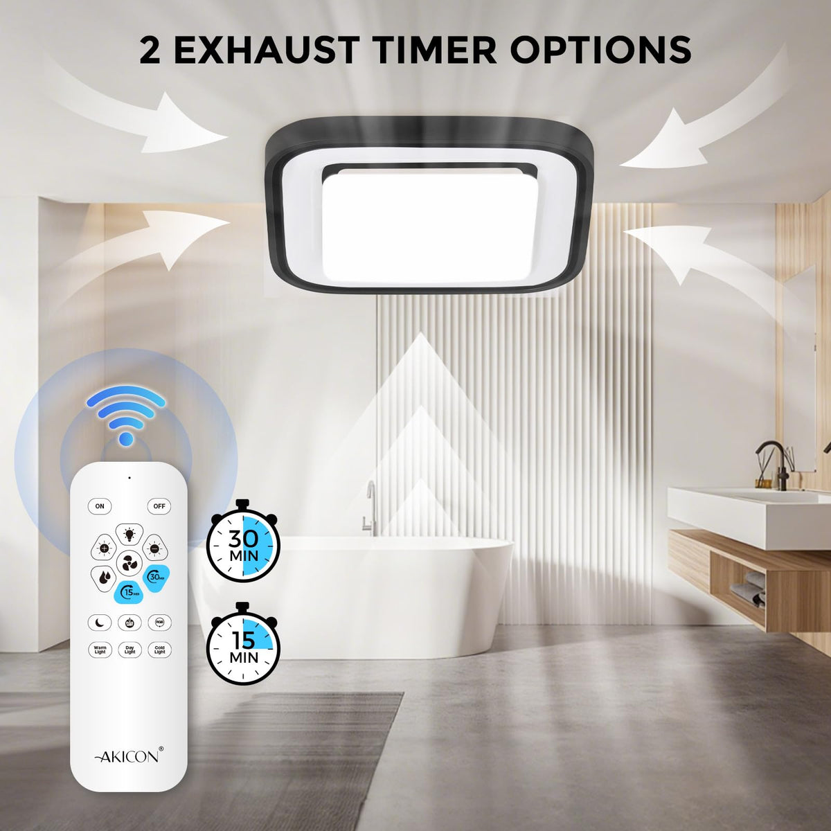 Akicon Bathroom Exhaust Fan with RGB LED Light, 110 CFM 1.5 Sone Ultra Quiet Bathroom Vent Fan for Ceiling, 3CCT Dimmable Light & Nightlight, Remote Control, Square (Black)