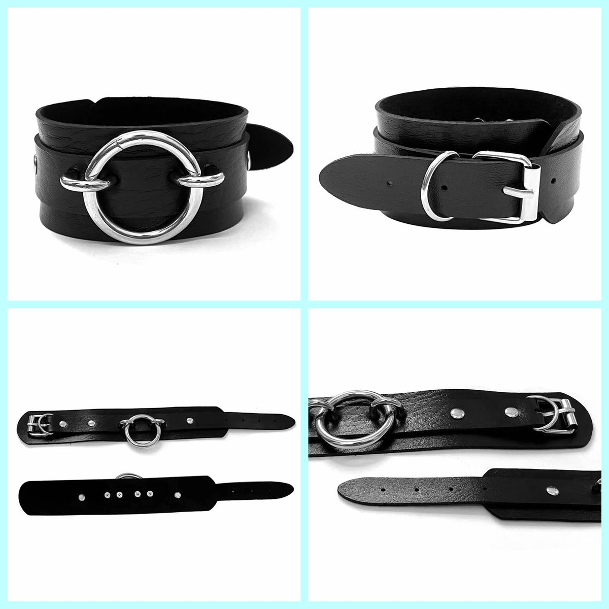 Tosmifairy Black Wide Soft Faux Leather Collar Choker Adjustable Thick PU Necklace and Bracelets Set for Women Men,Circle Ring Charm (Adjusted Neck: 17-21 Inches)
