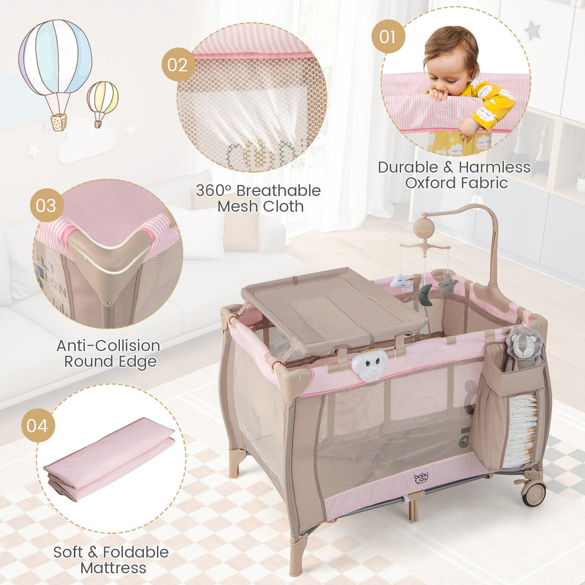 Costzon 3 in 1 Pink Pack and Play with Bassinet, Portable Baby Playard with Changing Table, Music Box, Hangings, Wheels/Brake, Basket, Foldable Infant Pink Bassinet Crib for Baby Girl Toddlers
