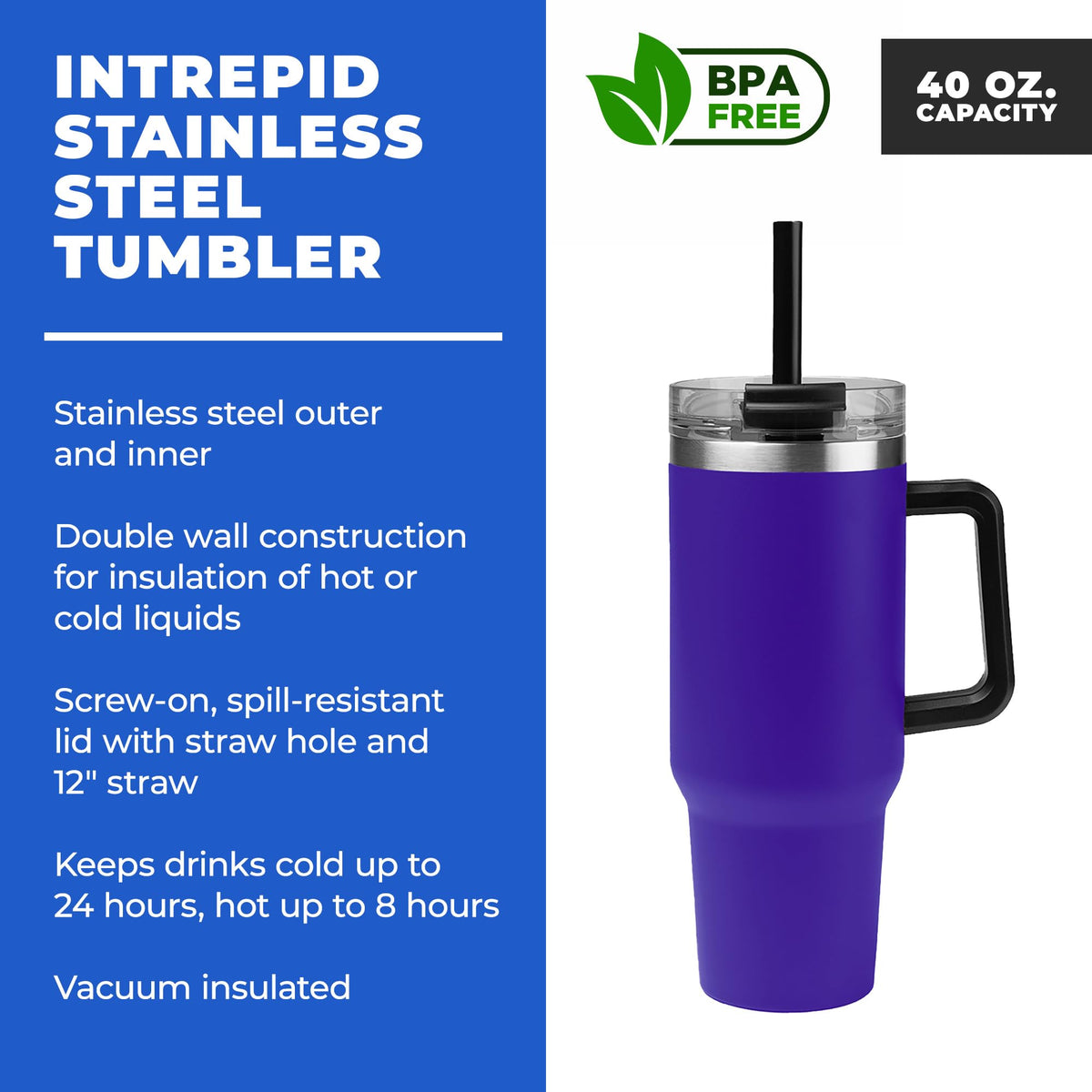 Gifts by Design 10 Ct of 40 Oz Intrepid Stainless Steel Tumbler with Lid, Straw & Handle – Purple – Customizable Insulated Cups for Water, Coffee, Hot & Iced Drinks – Great for DIY, Events, Work