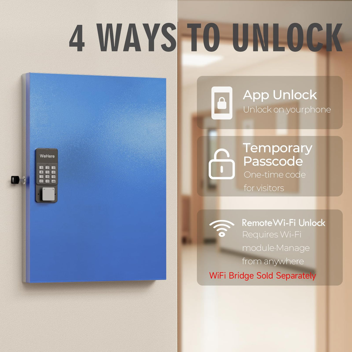 WeHere 72-Key Smart Key Lock Box, Wall-Mount Key Cabinet with Key Management App(Track Key Borrow/Return), Keypad, Bluetooth & WiFi Unlock (Sold Separately) for Commercial, School, Rental, Office