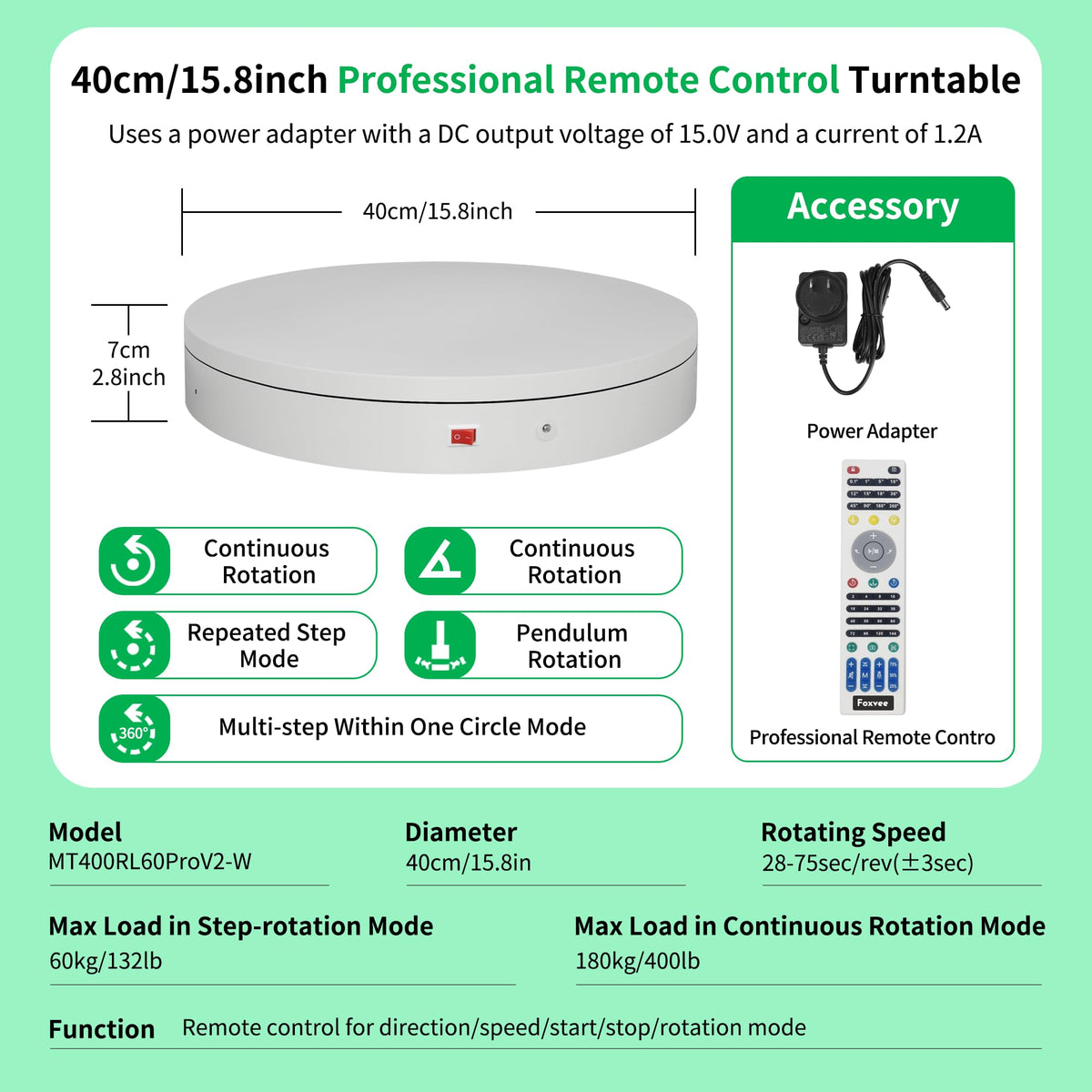 Foxvee Remote-Controlled Motorized Electric Turntable,Rotating Display Stand,Speed-Adjustable Rotating Platform,Multi-Mode 360° Photography Turntable for 3D Scan,Photography,Showcase(15.8inch/White)