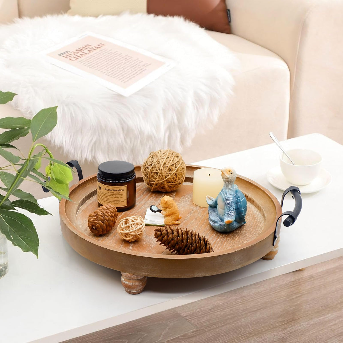 TOOLTENG Wooden Decorative Tray for Coffee Table, Round Wood Serving Tray with Metal Handles, 13 Inch Rustic Wood Trays for Tale Centerpiece, Home Kitchen Farmhouse Decor