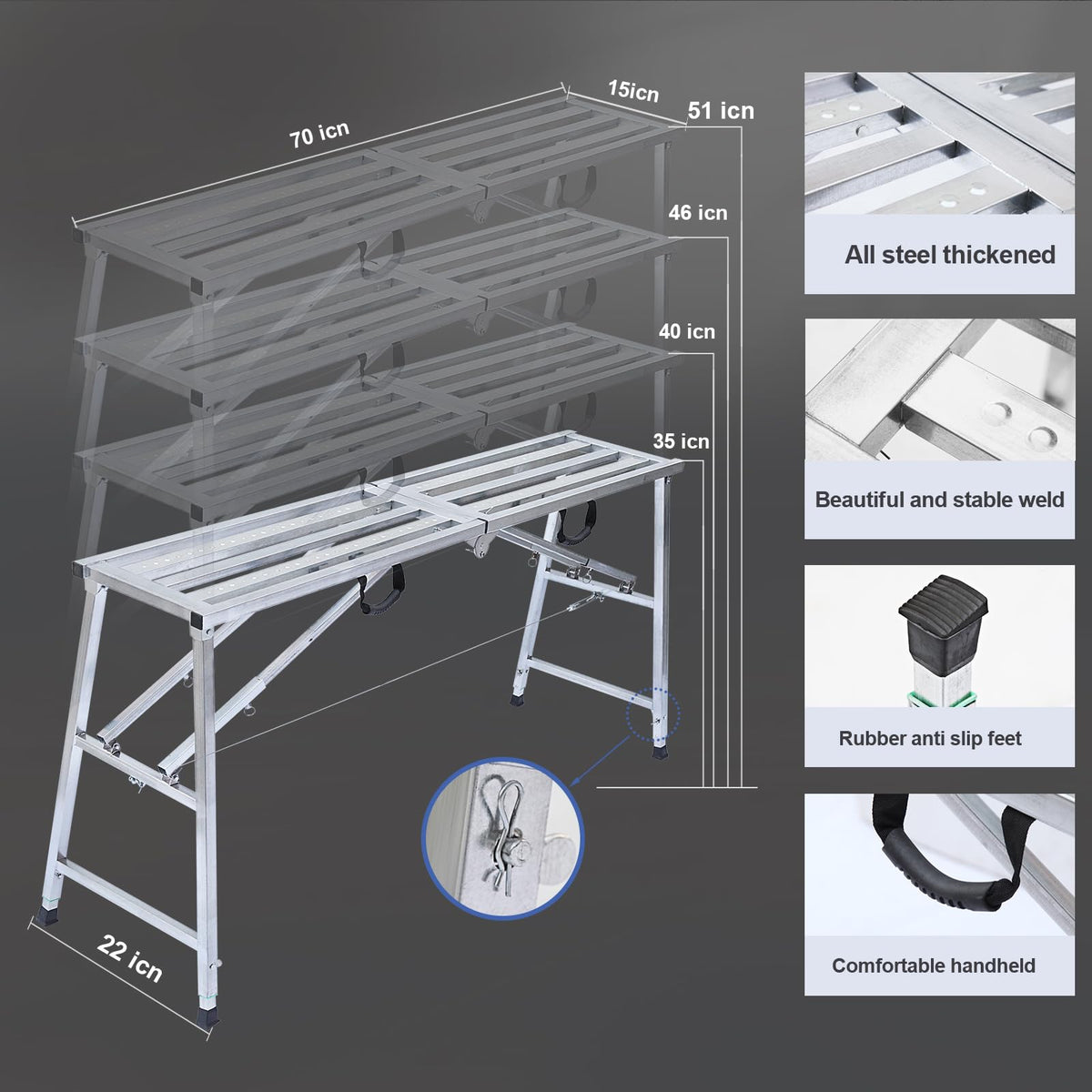 Adjustable Work Platform with 800 lb Duty Rating, Steel Step Ladder, Portable Folding Scaffolding Platform for RV Cleaning High Painting Walls, Drywall, Decorating (180 CM)