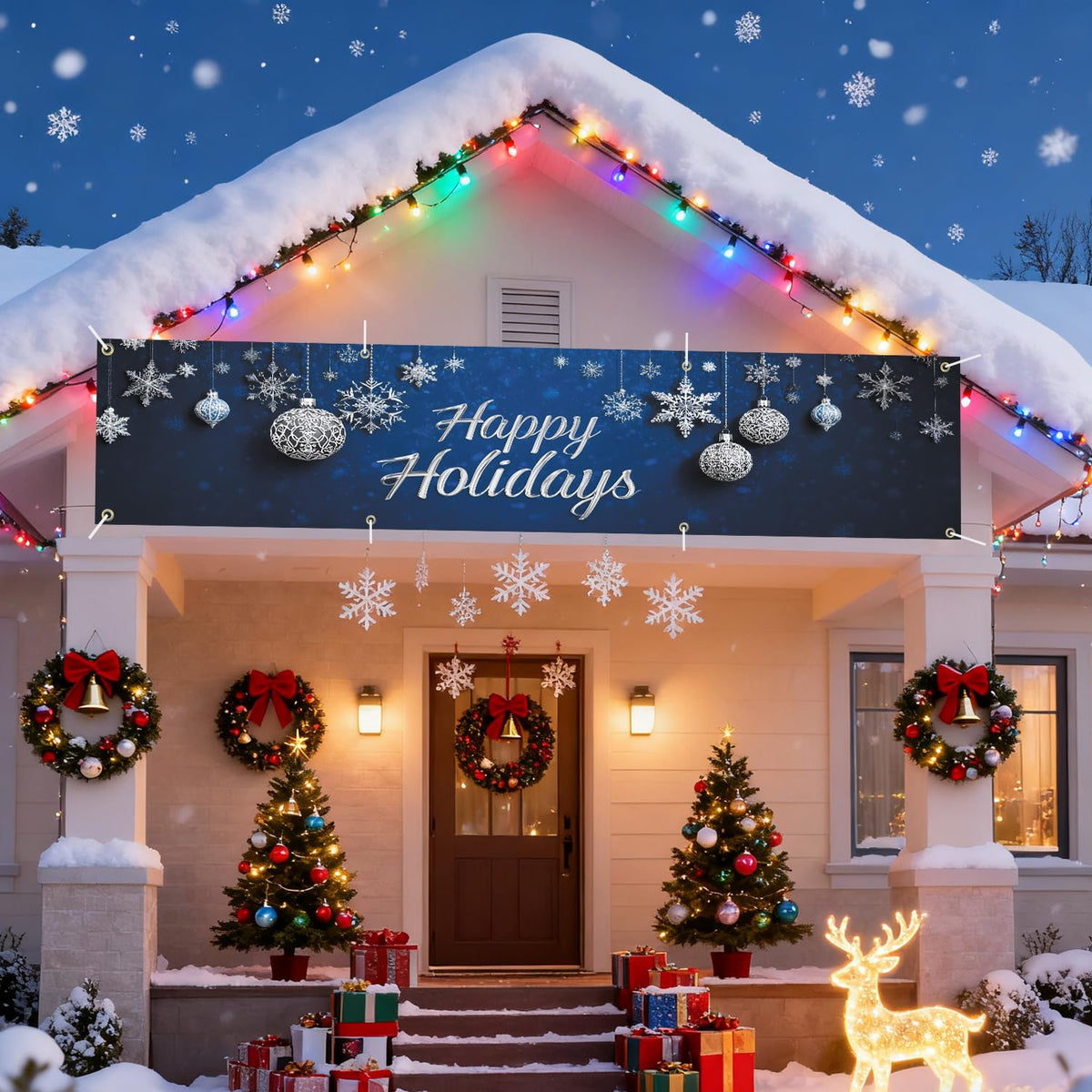 Happy Holiday swith Snowflakes and Ornaments Banner 10x3 Ft - Outdoor Christmas Decor with Interactive Illusion of Santa Emerging, Fun Holiday Display
