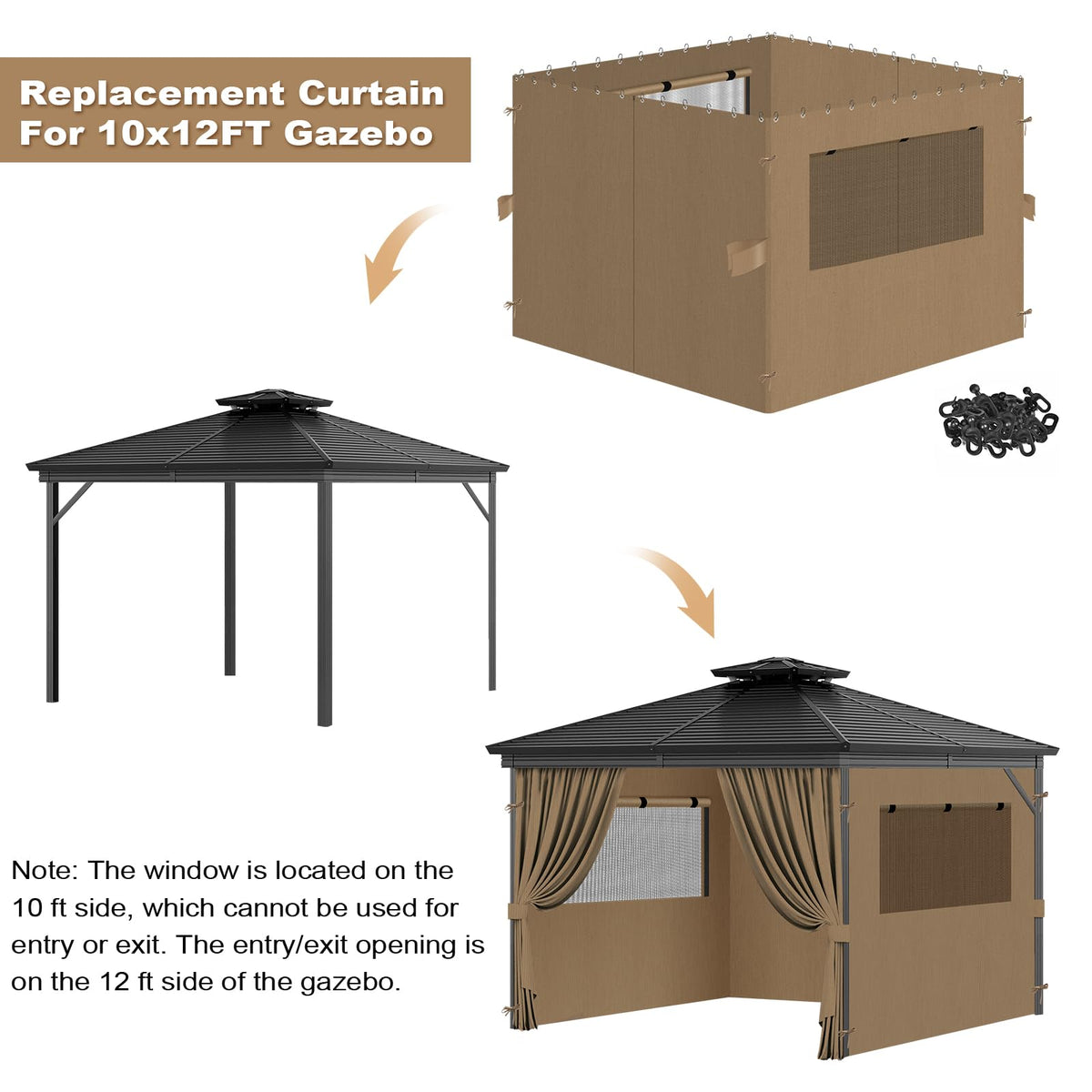 Universal Replacement Privacy Curtains for Gazebos, 10x12 ft Outdoor Waterproof with Large Mosquito-Proof Window Opening, 2-Piece Four-Sided Side Walls with Zippers (Curtains Only, Khaki)
