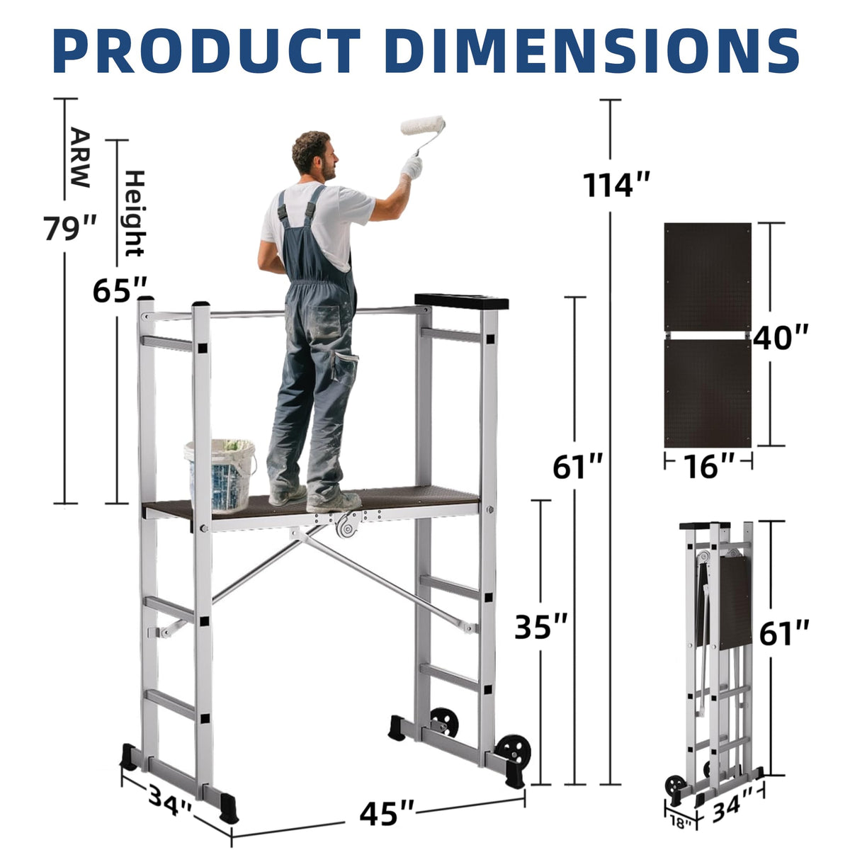 APARECIUM 5' Foldable Aluminum Scaffolding, Portable Scaffolding Ladder, Rolling Scaffolding Work Platform, Scaffold Tower, Ladder Stool Work Bench, Adjustable Work Platform, 330 Lbs Duty Rate