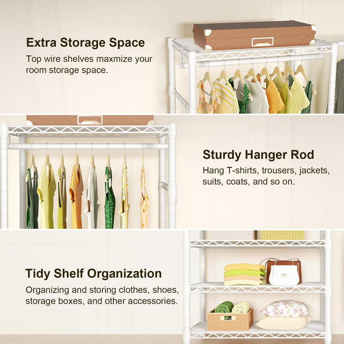Ulif E1 Heavy Duty Closet Garment Rack, 6 Tiers Adjustable Metal Freestanding Expandable Clothing Storage with 4 Hanger Rods, Easy to Assemble Wardrobe, 71.4" H x (70" - 88.2") L x 14" D, White