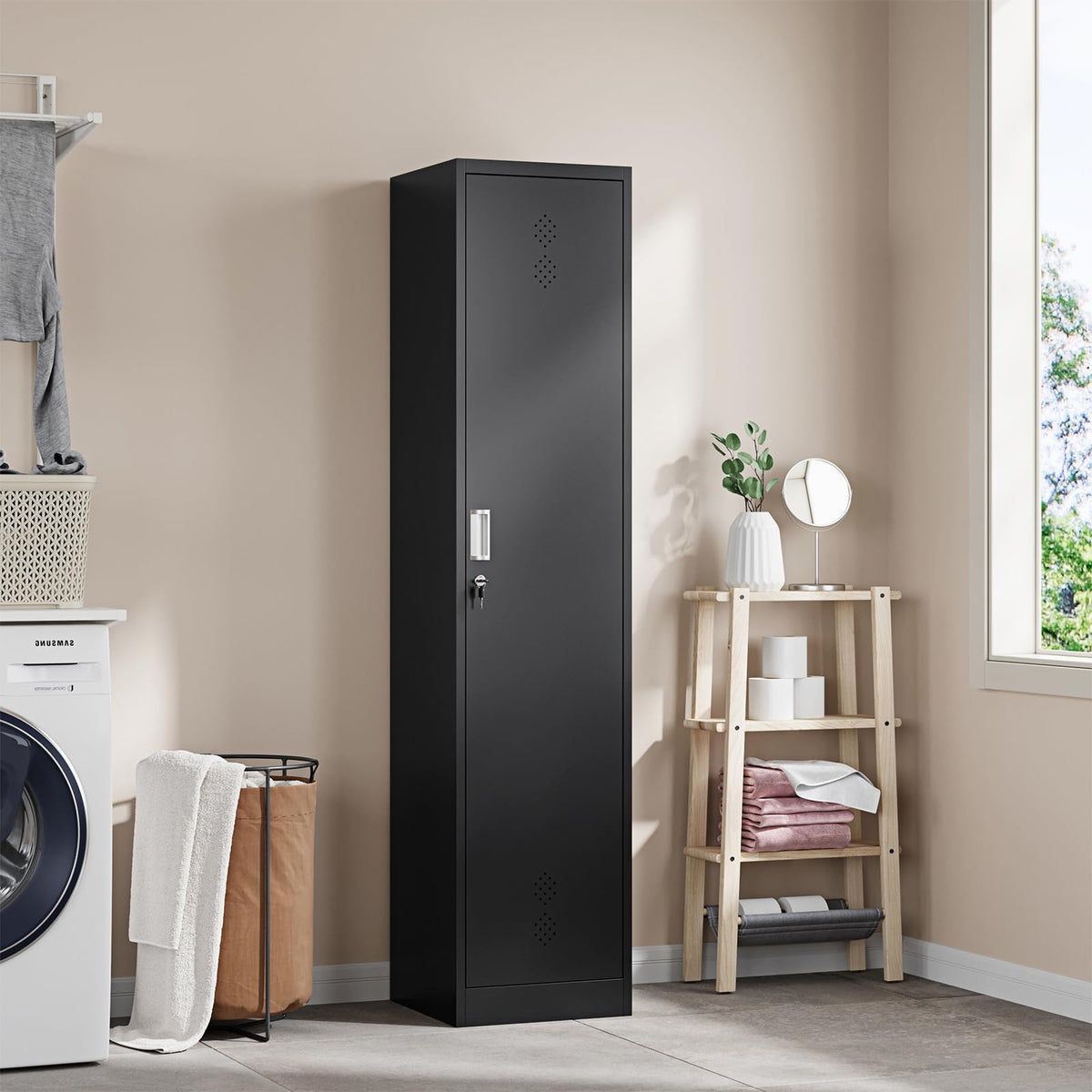 Letaya Broom Closet Storage Cabinet,Metal Cleaning Supply Tool Cabinet,Utility Cabinets for Brooms & Mops Black Garage Organization Cabinet for Laundry Room, Bathroom