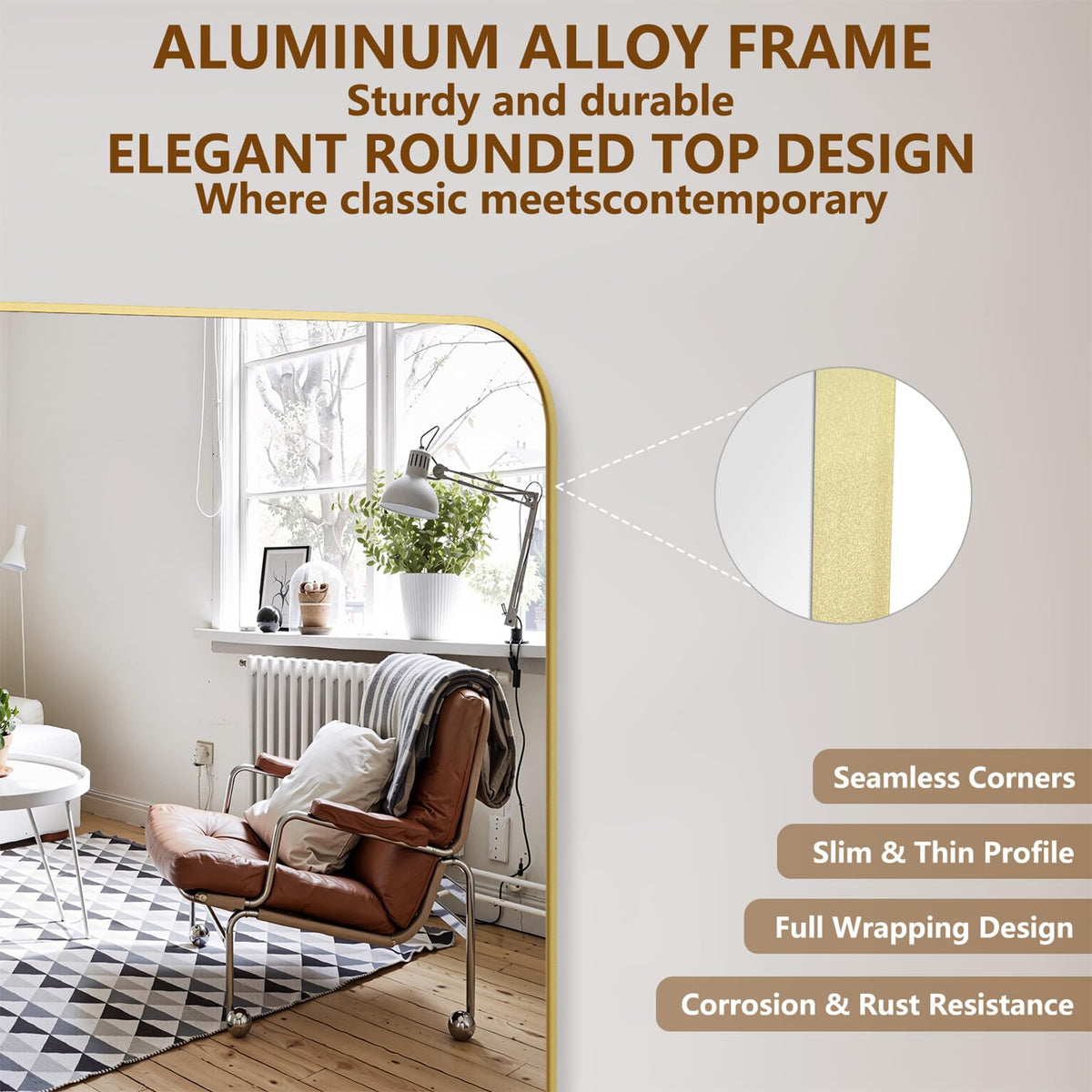 Koonmi Full Length Mirror, 80"x36" Mirror Full Length with Stand, Gold Domed Top Square-Edged Floor Mirror with Aluminum Alloy Frame for Bedroom Living Room