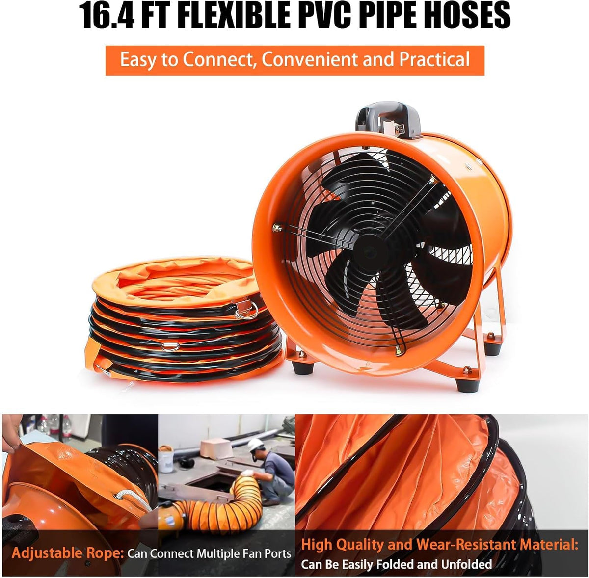 10-Inch High-Velocity Portable Utility Blower Fan, Industrial Exhaust Fan with 16.4ft Flexible Duct Hose, 3150 RPM Low-Noise Ventilator for Basements, Workshops, Warehouses, and Confined Spaces