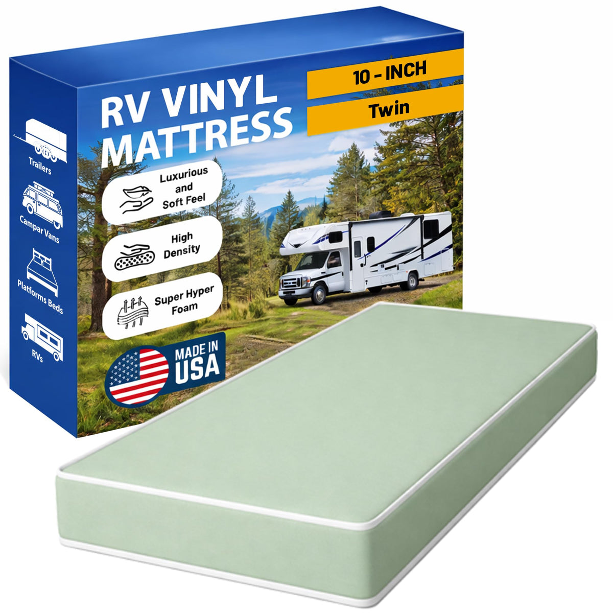 Greaton, 10-Inch High Density Foam RV Mattress Replacement with Vinyl Cover, Medium Firm, Travel Camper Trailer Truck and Bunk, Pressure-Relief Support, Made in USA, Twin