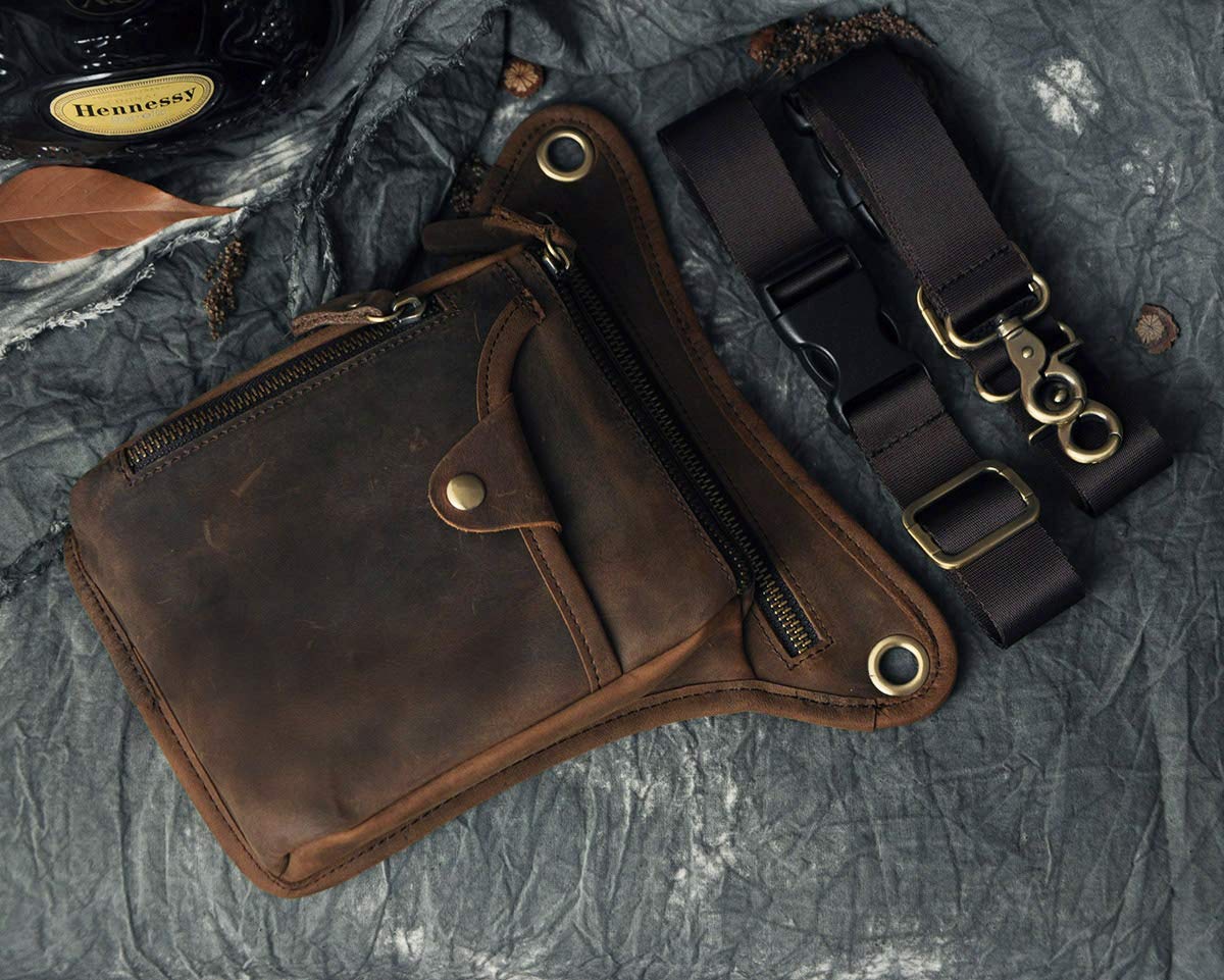 Le'aokuu Mens Genuine Leather Outdoor Sporting Hicking Waist Hip Pack Messenger Shoulder Drop Leg Thigh Bag Pouches For Women (211-5 0 Dark Brown)