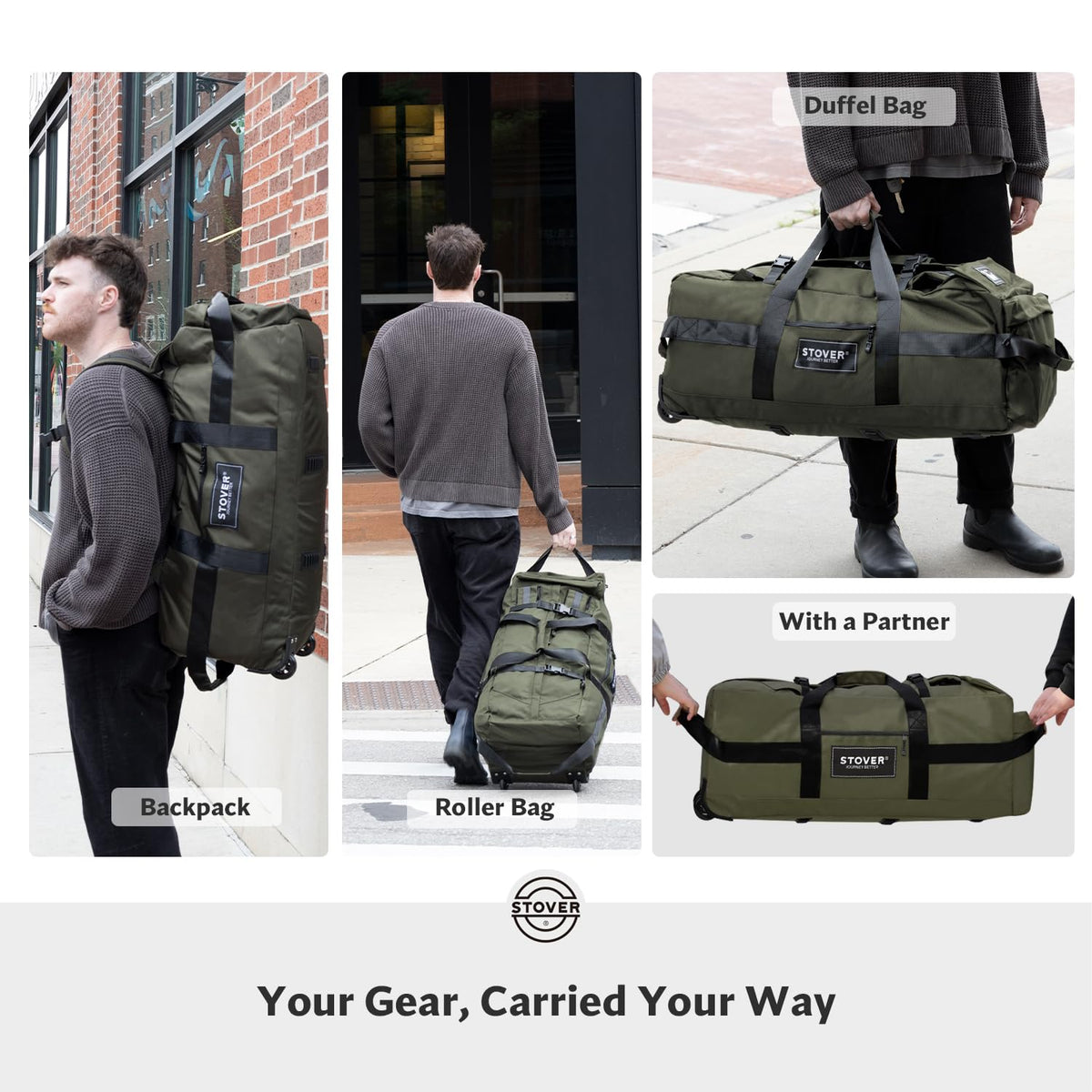 STOVER 45/80/100L Rolling Duffel Bag with Wheels, Large Durable Travel Duffle + Toiletry Bag, Heavy Duty, Packable, Foldable with Shoulder Straps- Use as Luggage or Backpack, Men/Women (Green)