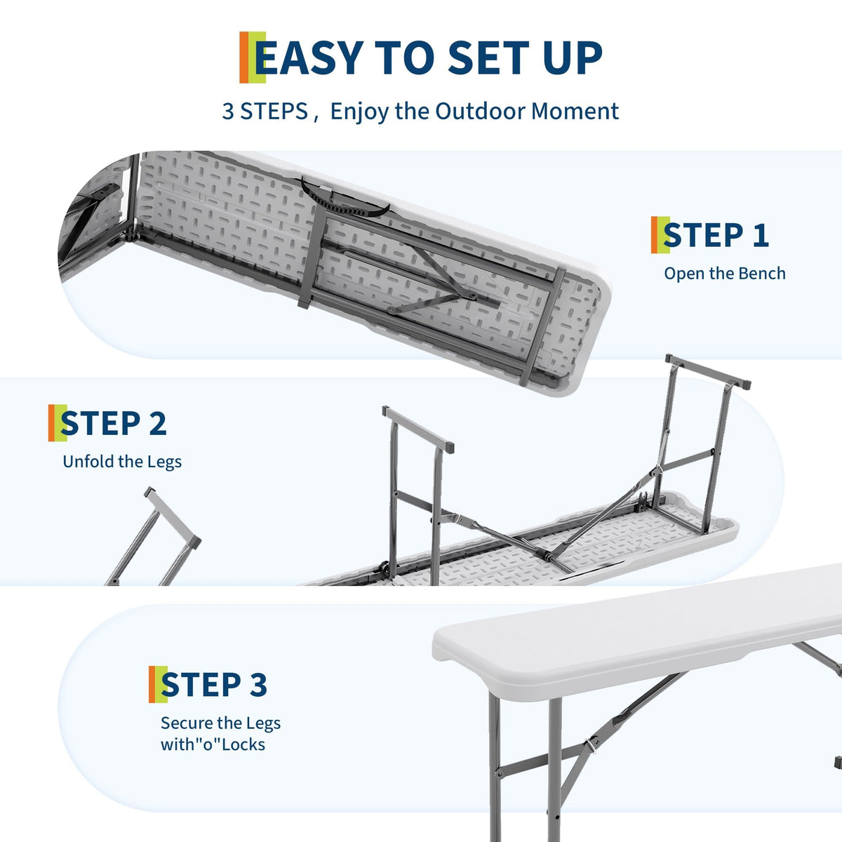 EliteEdge 6Ft Plastic Folding Bench, 2 Pack Portable Folding Bench, Foldable HDPE Waterproof Outdoor Benches with Carrying Handle Picnic Camping Sports Party Activities, White (White-2pc)