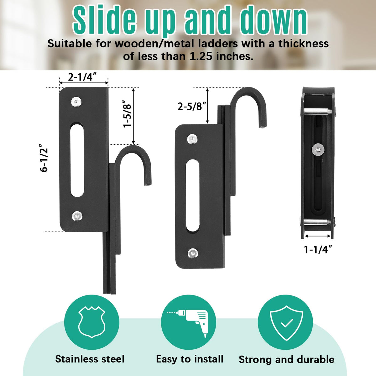 Zonon 10 ft Rolling Library Ladder Hardware Kit Includes Telescope Hook for Sliding Library Ladder 300lb Bottom Wheel with Brake Load Capacity for Stair Bookshelf Fit Thickness 1-1/8" Stepladder