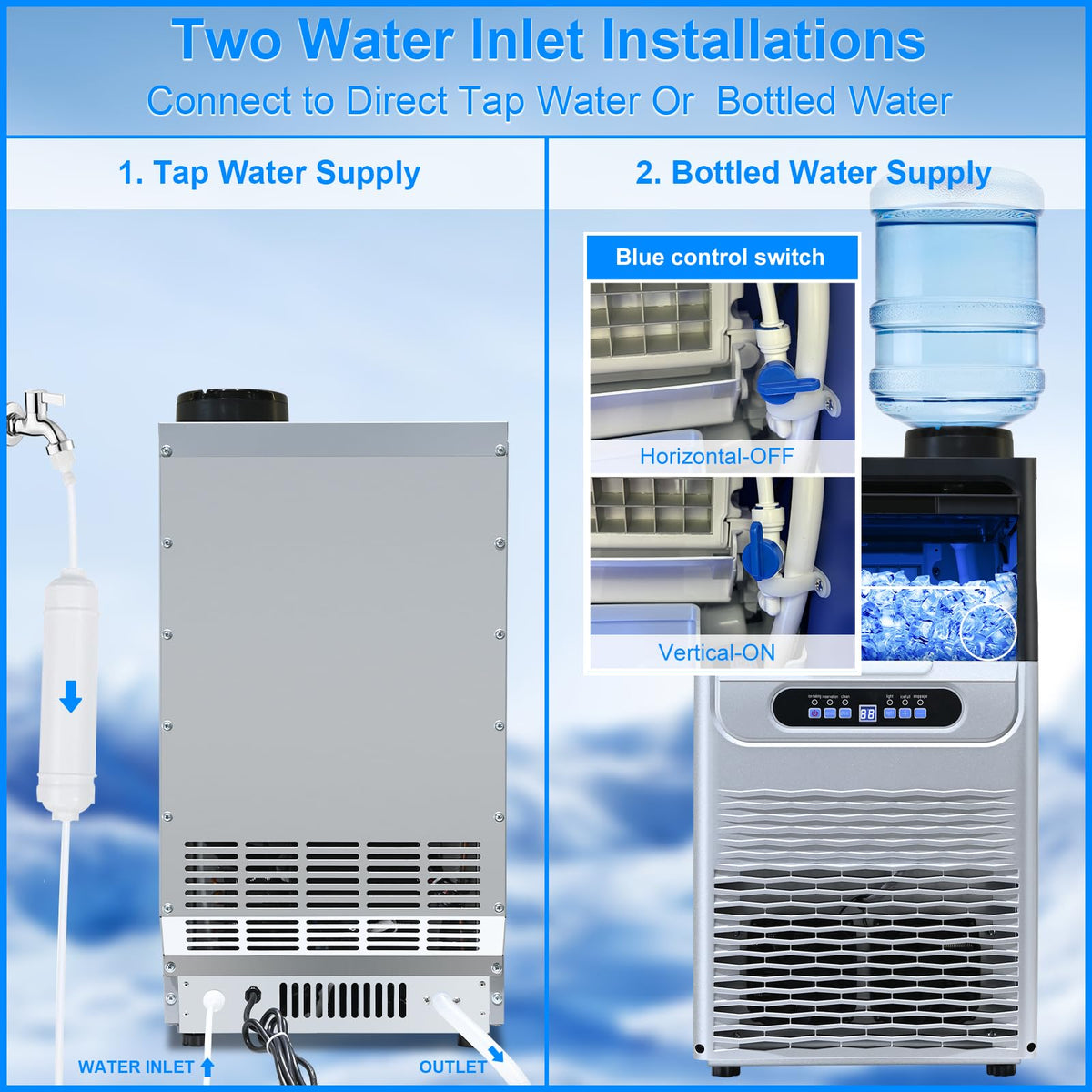 Amzgachfktch Commercial Ice Maker, 100lbs/24H Ice Maker Machine, 2 Water Inlet Modes, Ice Machine with 22lbs Storage, Auto Self-Cleaning, Under Counter/Freestanding Ice Maker for Home/Office/Shop/Bar