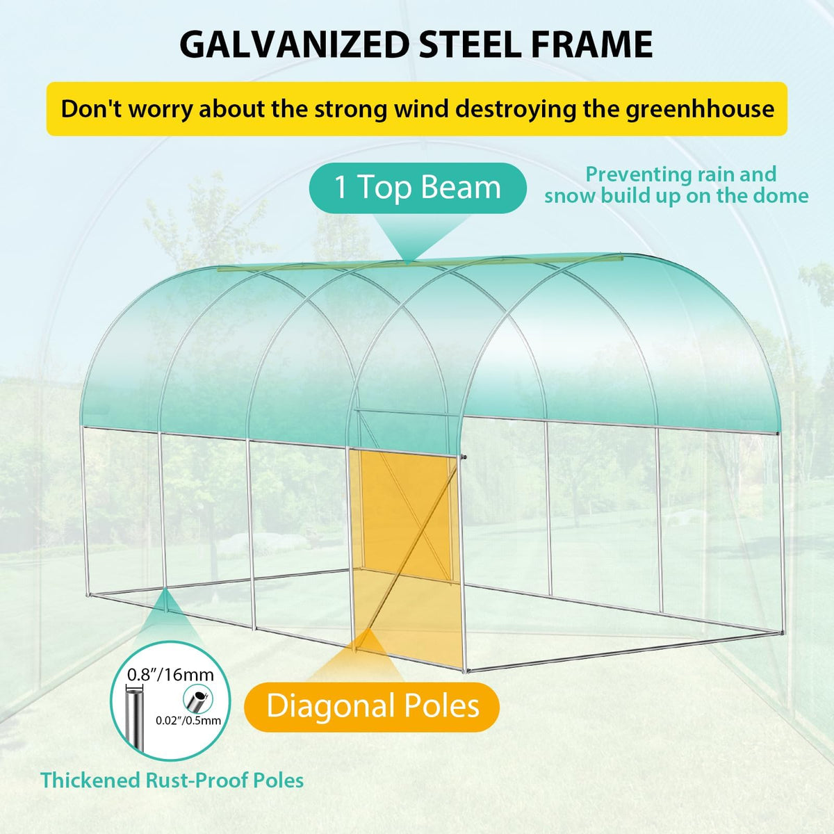 7*15*7FT Walk-in Greenhouse, Portable Walking in Tunnel Tent, Walking in Tunnel Tent with Galvanized Pipe, 2 Roller Zippered Door & 8 Screen Windows, Greenhouses for Outdoors (Bottom widening Design)
