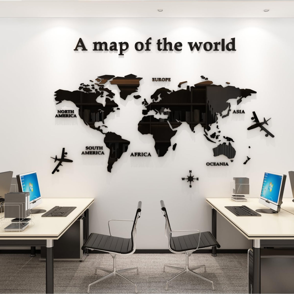 WINDIR 3D World Map Wall Stickers Decor Murals DIY Decal Black 71x40 inch, Acrylic Office Wall Art Decor Bedroom Living Room TV wall (Black: 180x100 cm) Large